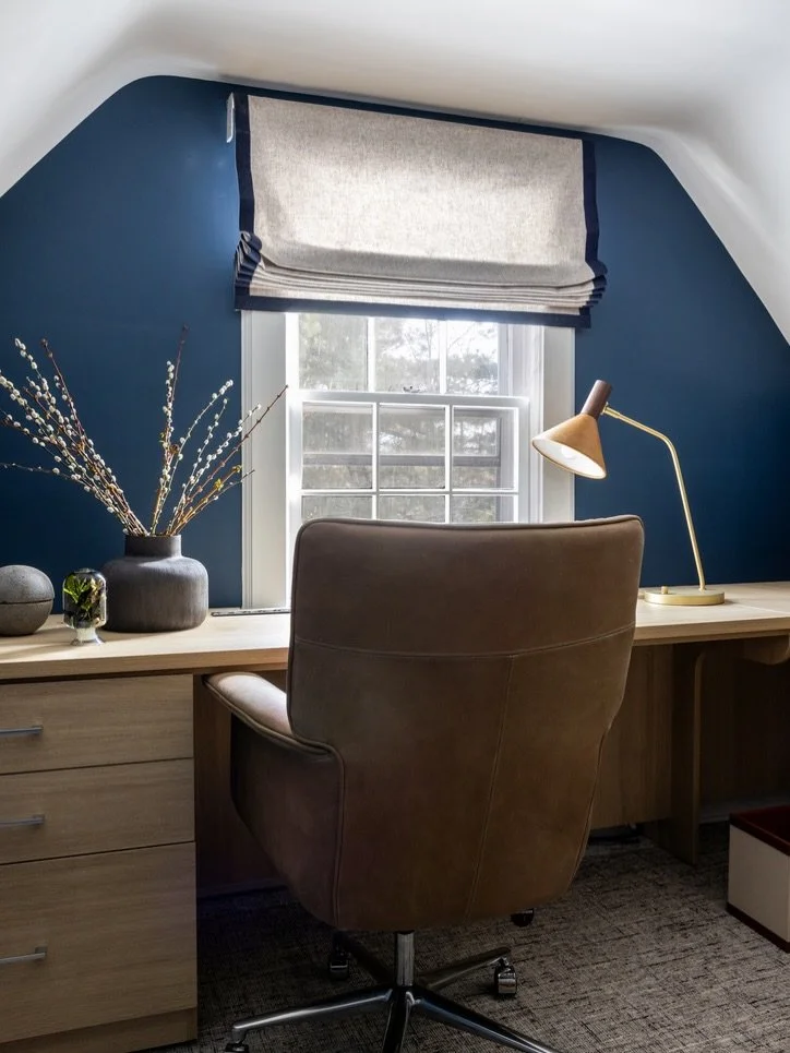 Our client&rsquo;s new home office had to be optimized for his completely remote job. Positioning his desk opposite the natural light and building a handsome backdrop delivered the perfect &ldquo;stage&rdquo; for video conferencing every day. 

The l