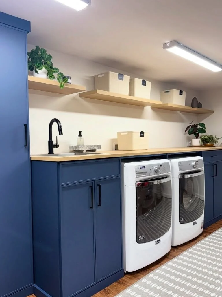Even the laundry room deserves some love. 

Check out this upgrade - custom cabinetry, floating shelves, handsome plumbing, and stylish drying racks give this family the modern laundry room that they need. 
.
Design by: @7b_design 
.
Westchester Laun