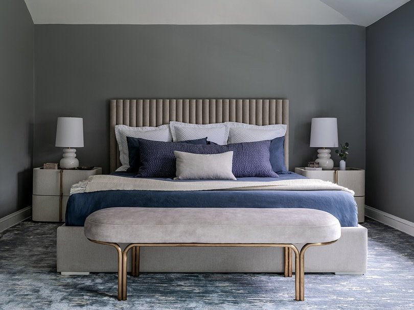 🚨Before &amp; After 

Finally, after years in their house and two projects together, our clients were ready to let us deliver the gift of an inviting, luxe, tranquil, contemporary primary bedroom. Deep grey walls anchor the space, while curvy, neutr