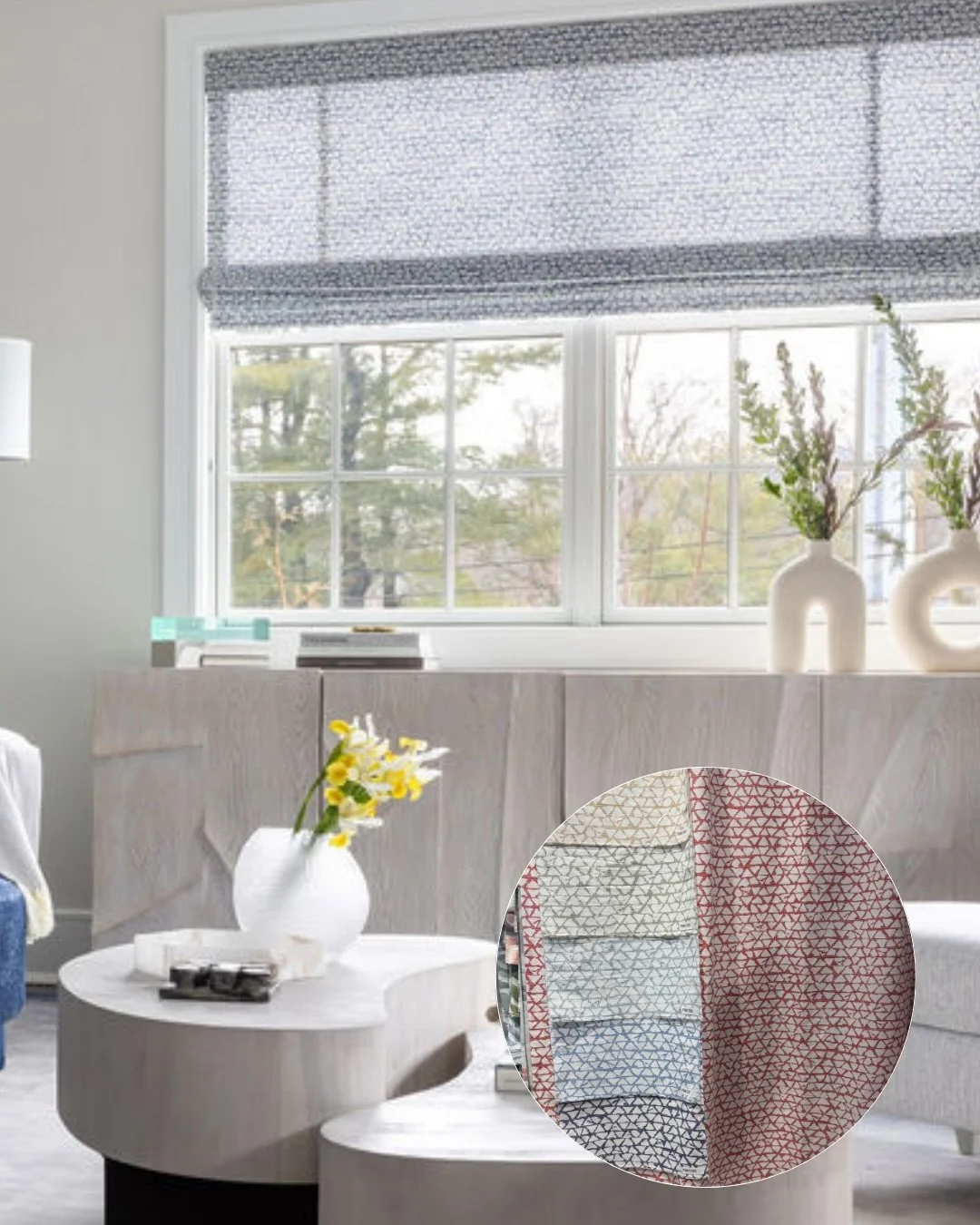 When we&rsquo;re out sourcing, we can see how a small piece of fabric In a showroom can be a perfect component in an overall room composition. 

Here, you can see how our fabric finds translate to window treatments in a complete space. 
.
Designs by: