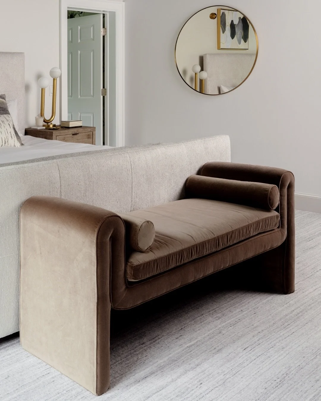 Why this bench and not the other 20 options I found for the primary bedroom? 

The short answer is: soft curves, rich velvet, and a deeper hue that adds warmth while still reading modern. The rounded edges make it feel inviting (and kid-friendly), cr