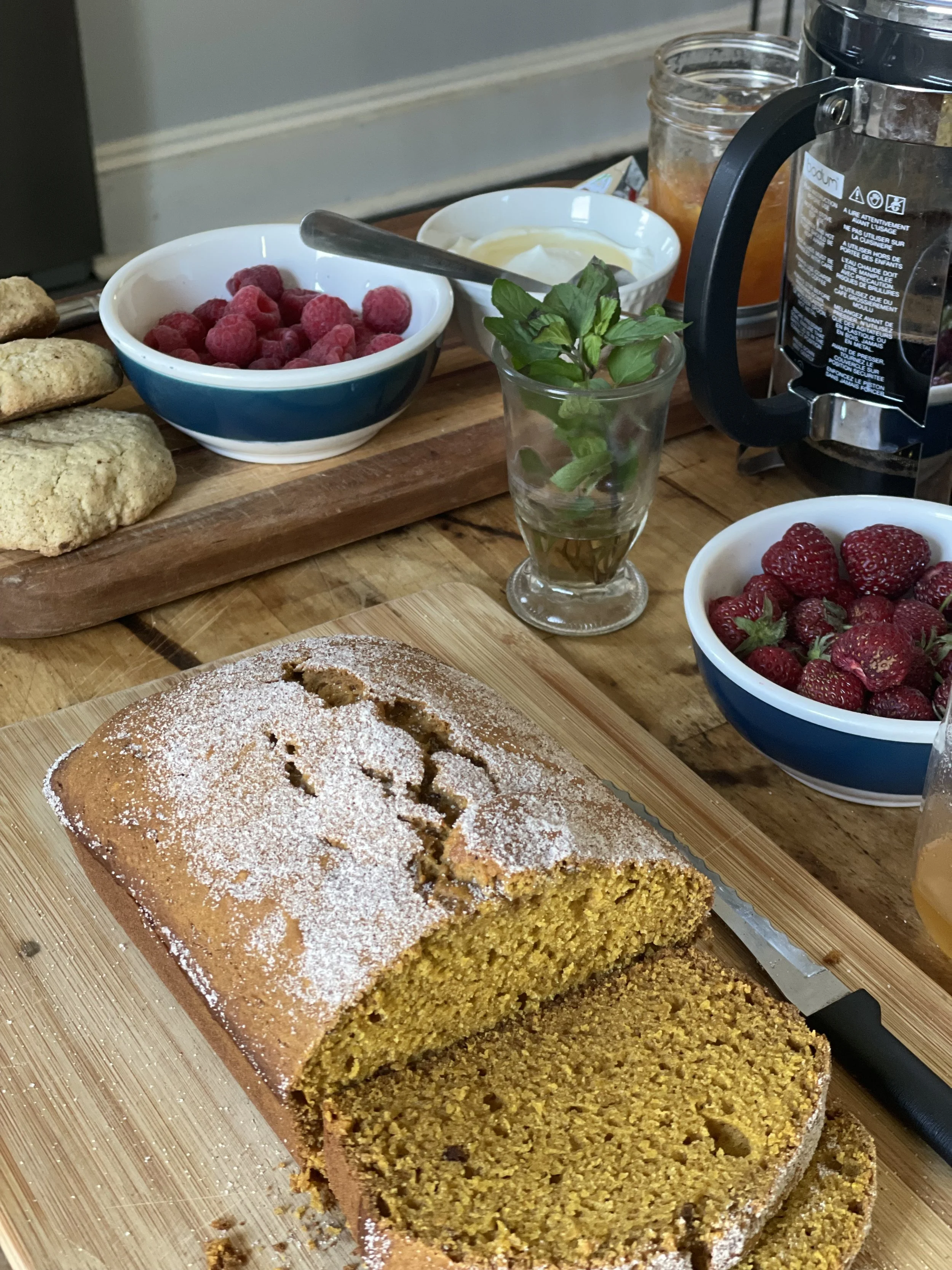 Spiced Pumpkin Bread, Strawberries, And Chocolate Mint