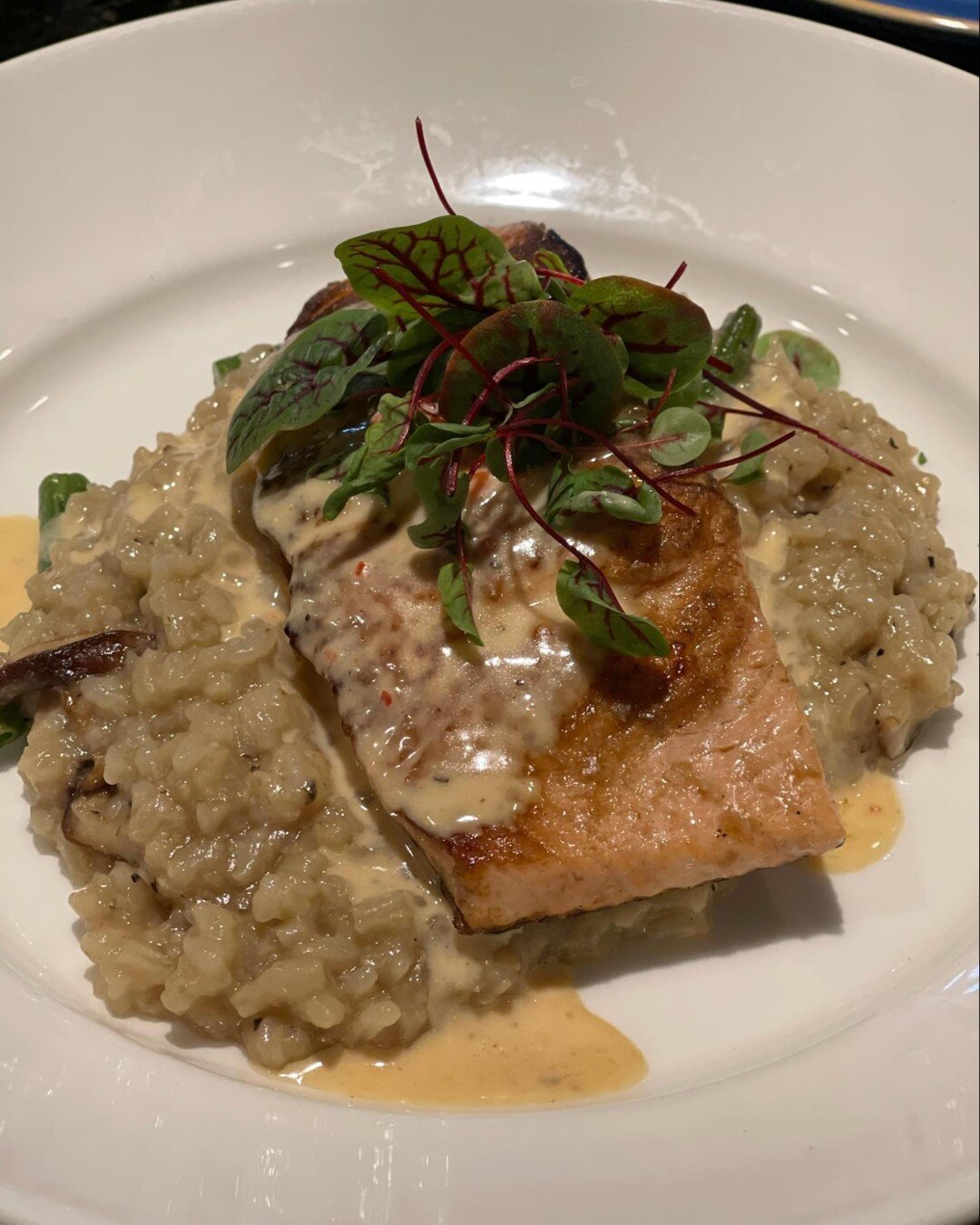 Leading up to #lent, indulge in our seafood options such as our Seared Verlasso Salmon with Shitake-Green Bean Risotto and a drizzle of our Red Pepper Buerre Blanc.