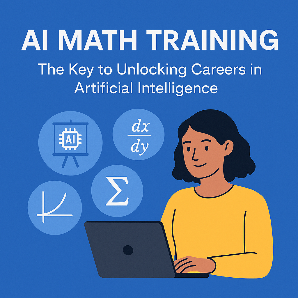 Image of woman on a laptop with images of math concepts in the background. Shows a woman learning math and smiling.