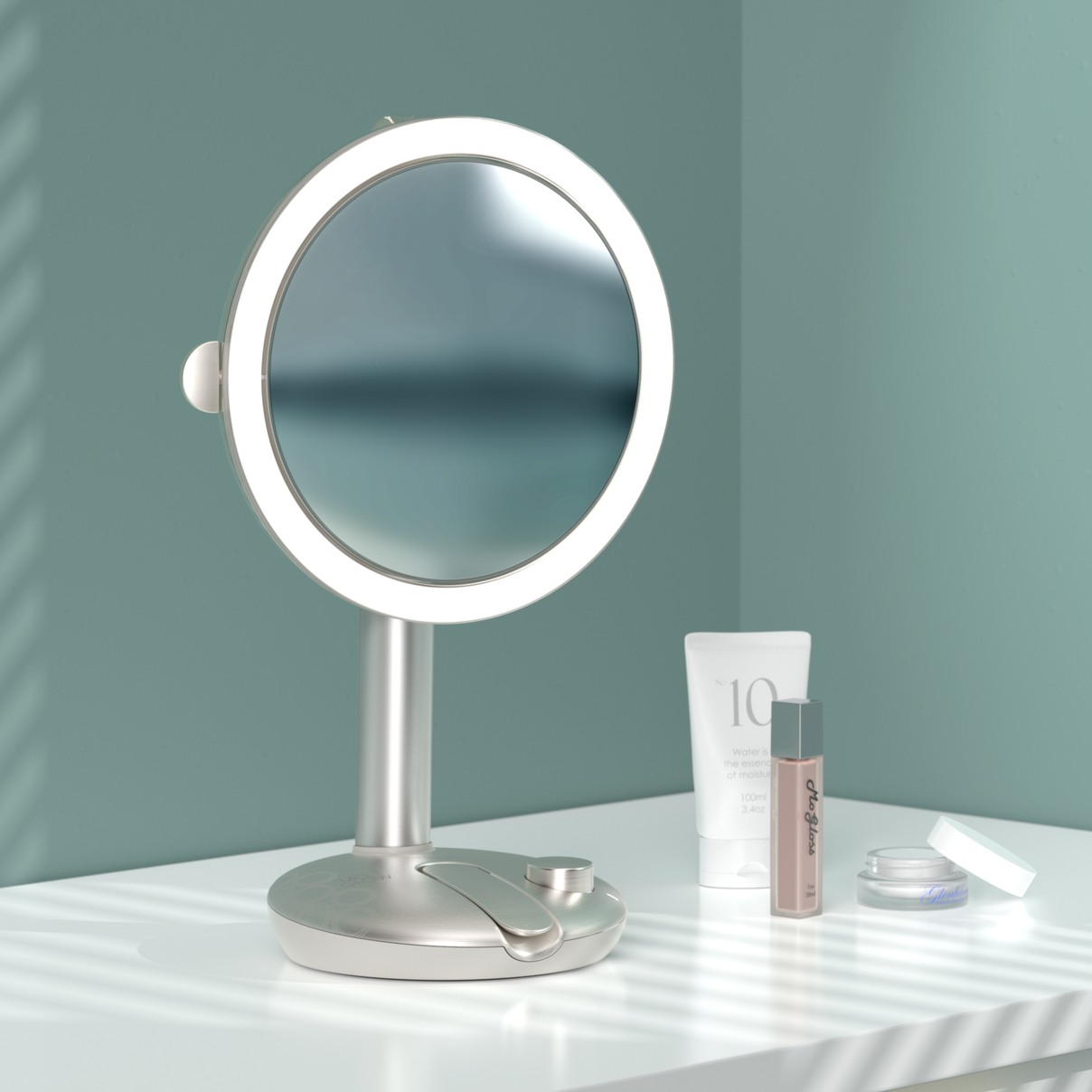 MoGlow beauty mirror sitting on countertop
