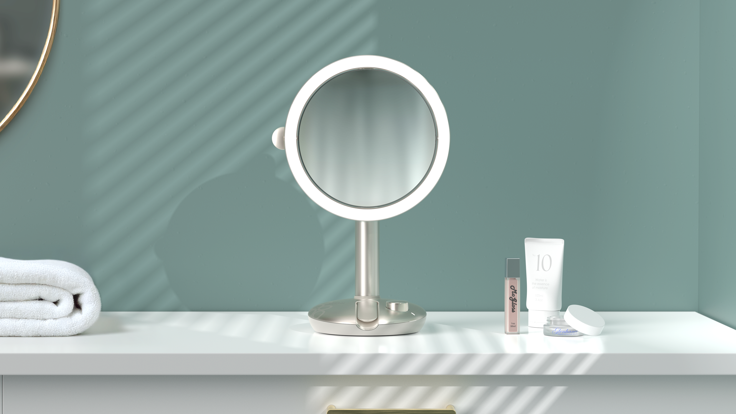 Front view of MoGlow on a bathroom counter