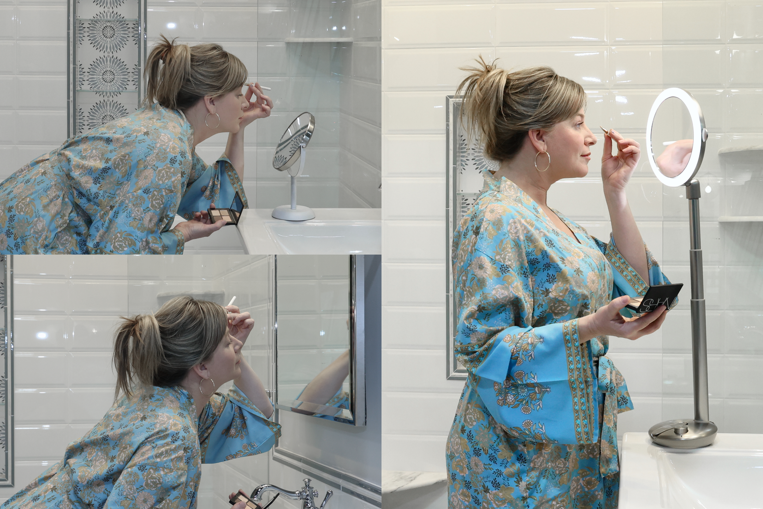 Woman shown stooping to use other mirrors, but standing comfortably to use MoGlow