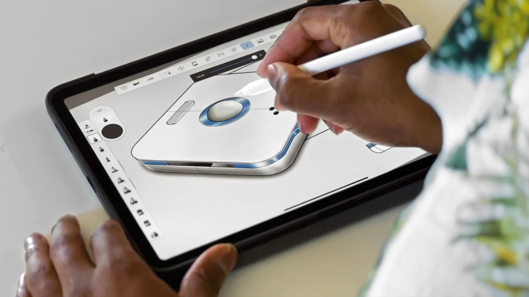 Designer doing a digital sketch of a WiFi router