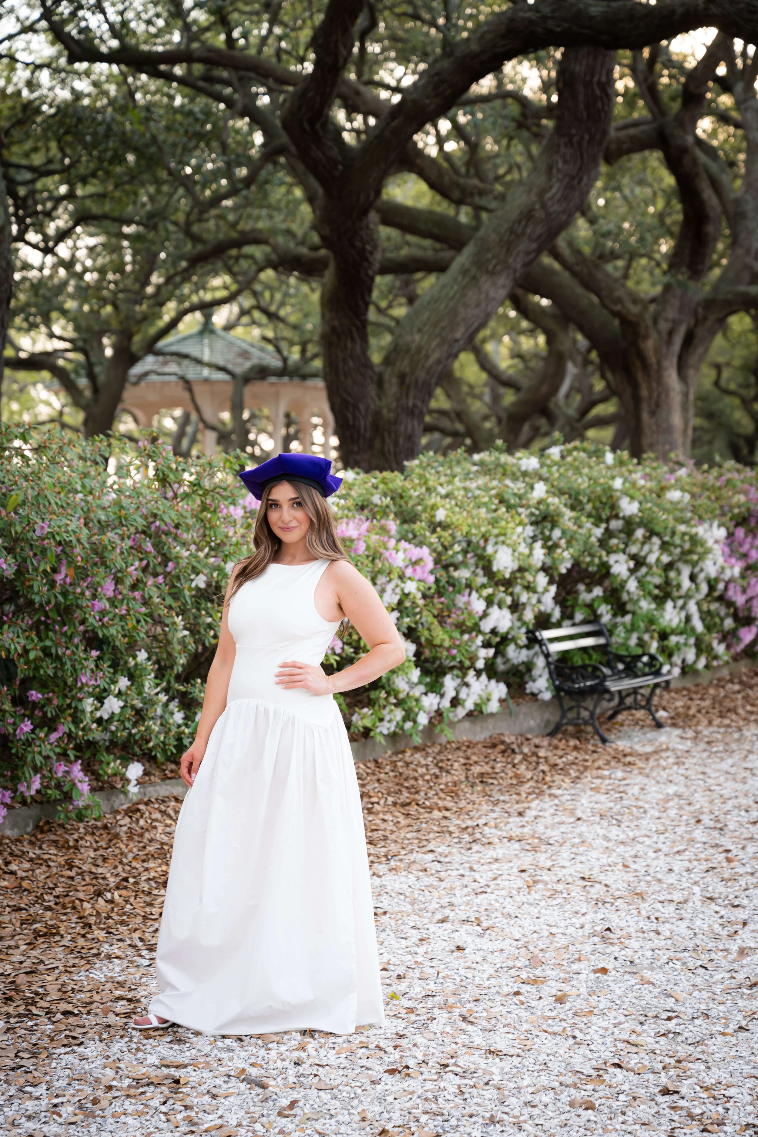 Charleston School of Law Grad Student at White Point Gardens in white dress