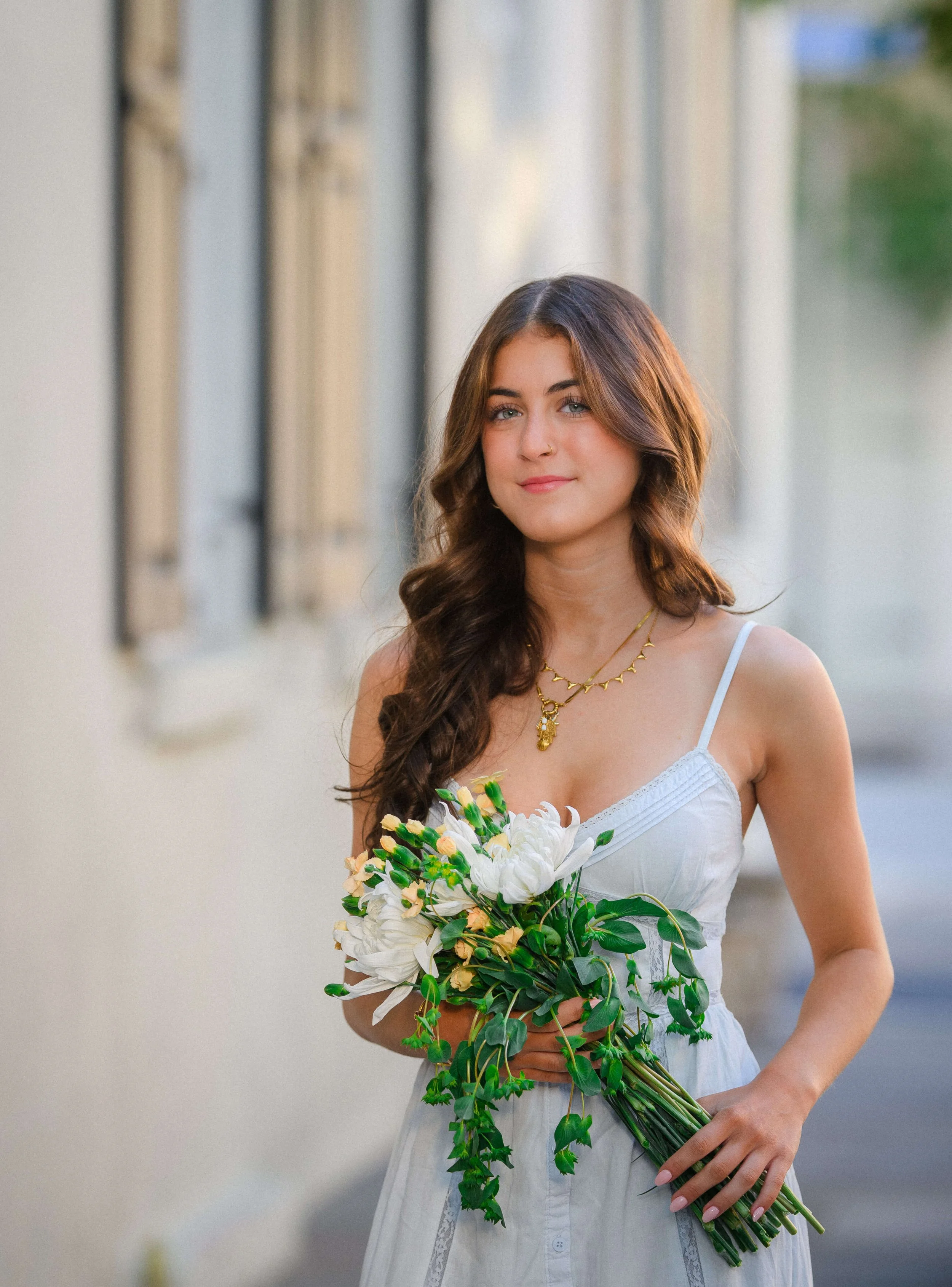 Charleston senior portrait bouquet Chalmers Street French Quarter