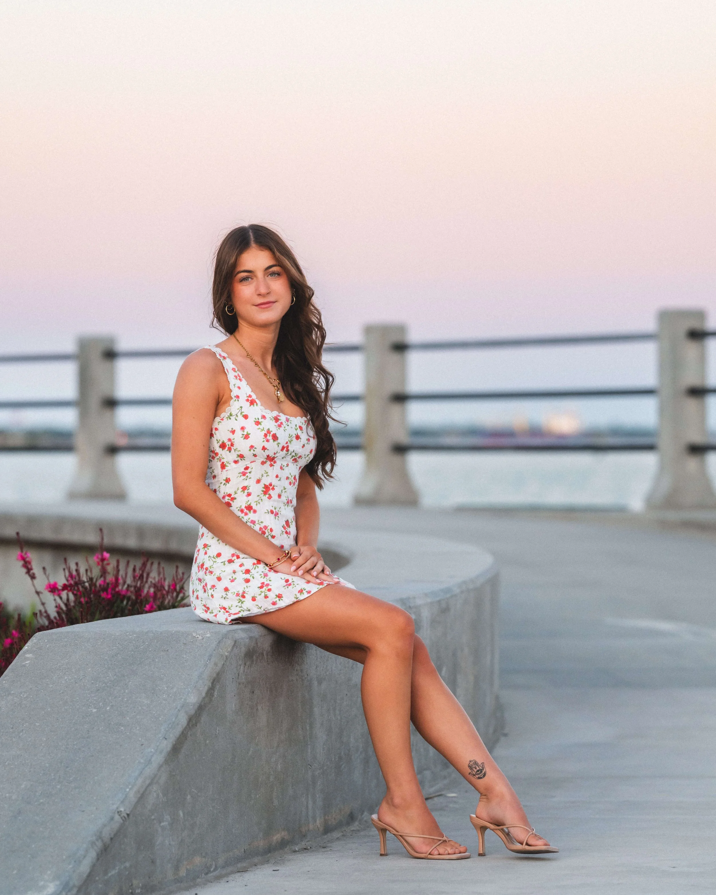 Charleston senior portrait Battery promenade sunset harbor view