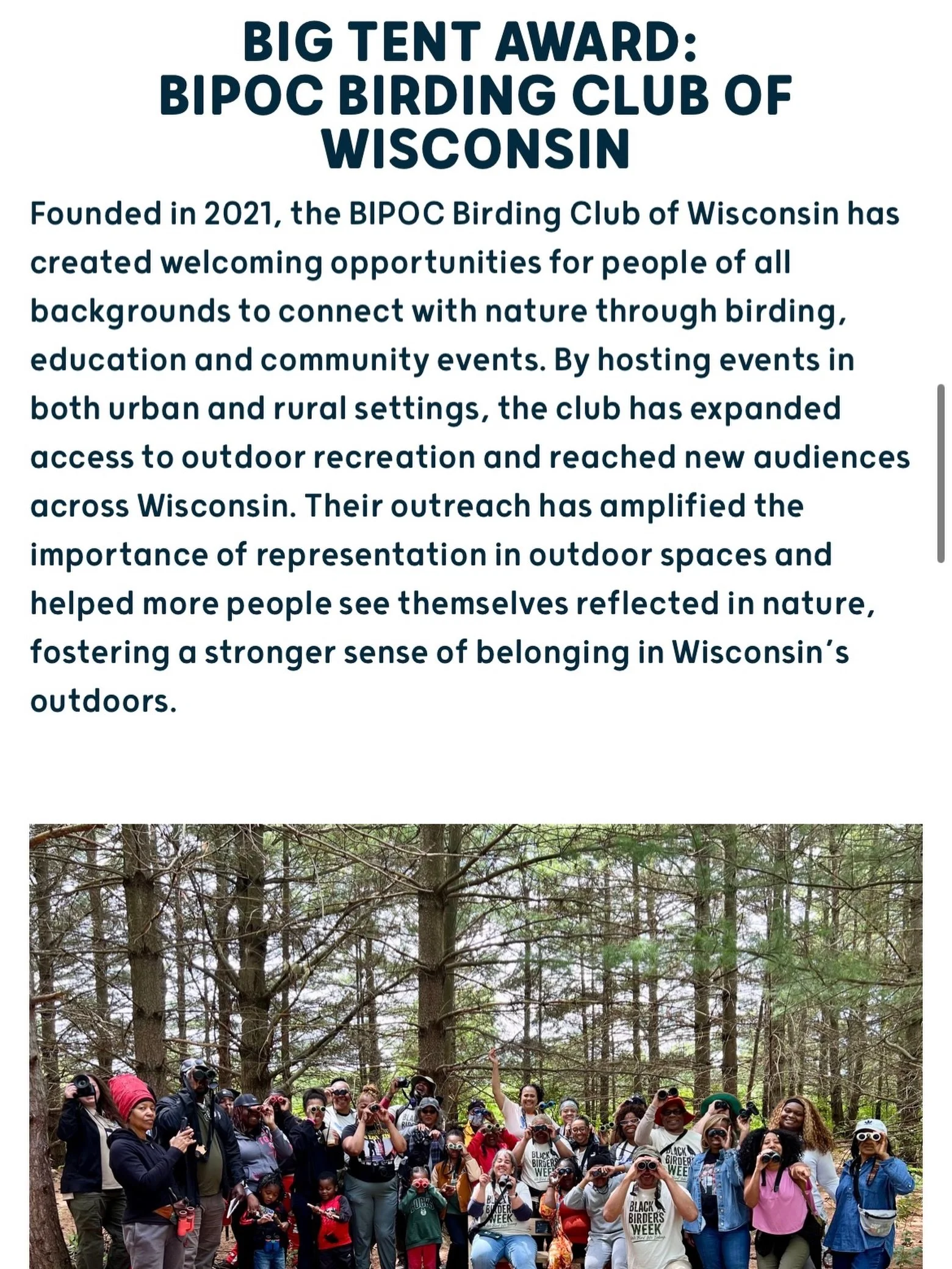 We&rsquo;re incredibly honored to receive the 2026 Big Tent Award from the Wisconsin Governor&rsquo;s Outdoor Industry Awards.

Since 2021, the BIPOC Birding Club of Wisconsin has been creating welcoming spaces where people of all backgrounds can con