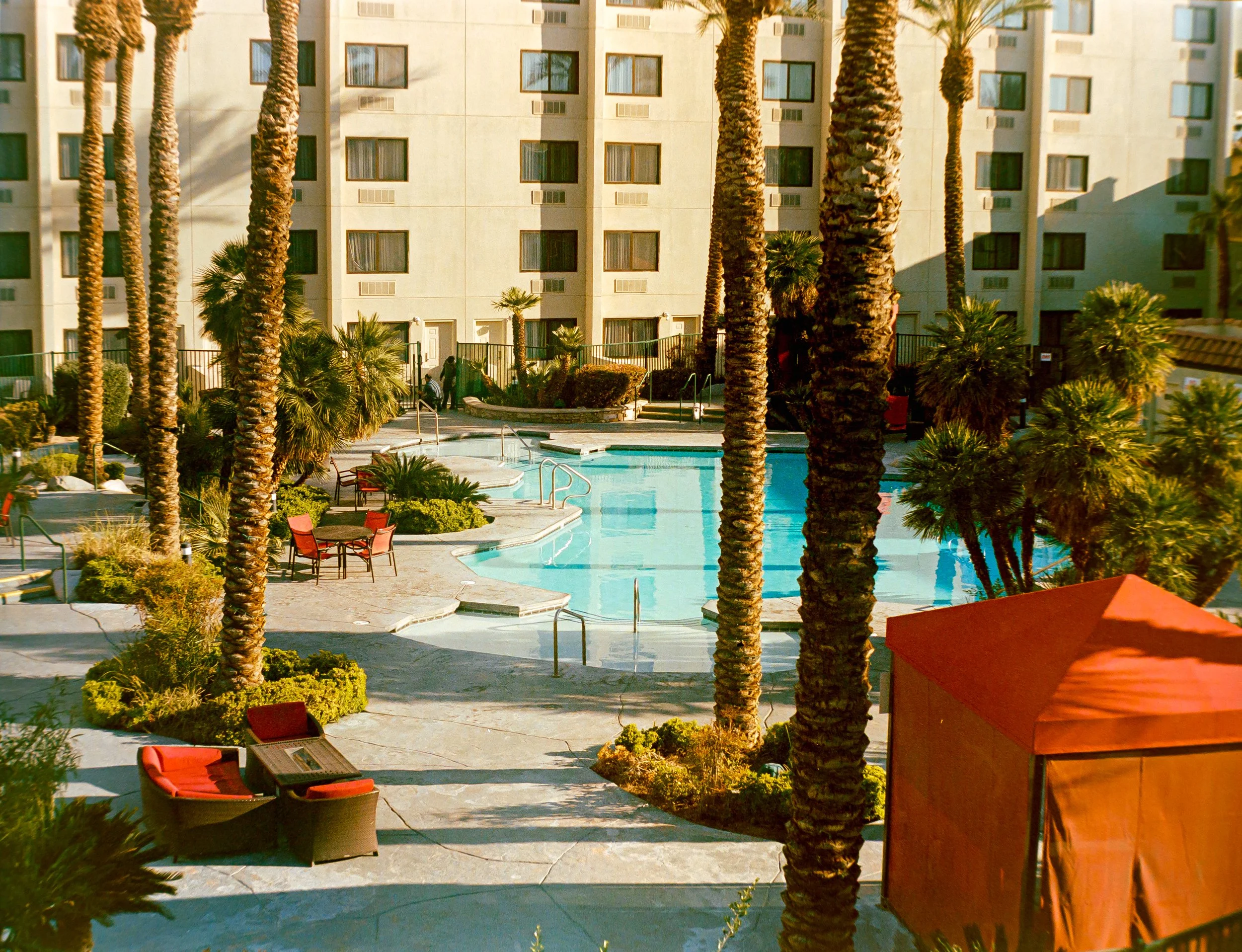 Outdoor scene with a swimming pool surrounded by palm trees, furniture, and a multi-story building in the background.