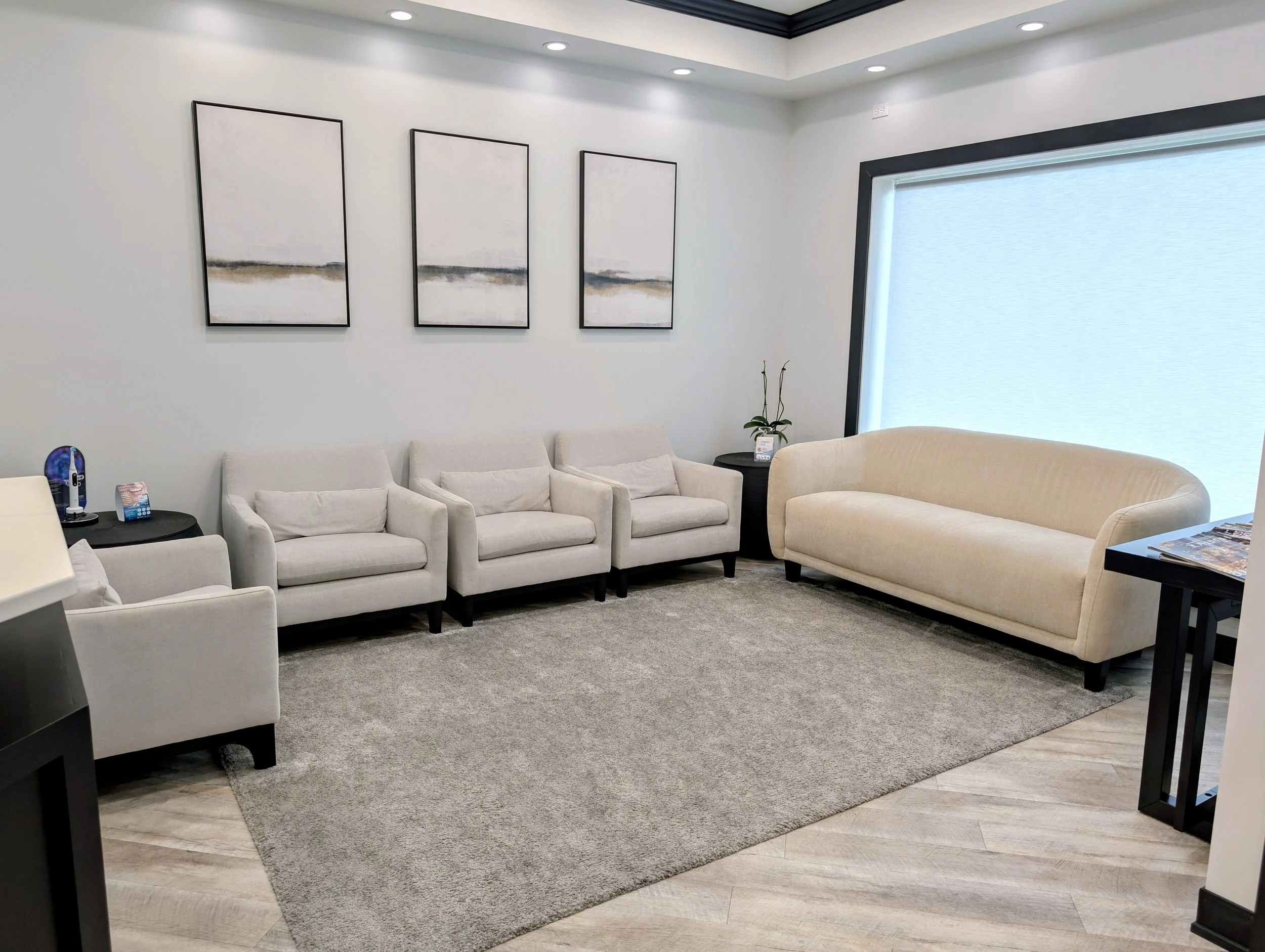 Modern waiting room with cream-colored armchairs and a sofa, three abstract landscape paintings on the wall, a large window with a shade, a plush gray rug, and side tables with decor.
