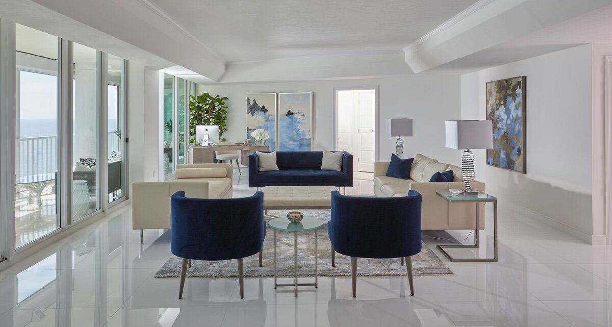 Three Cristina Hobbs paintings in a light-filled private residence in Naples, Florida