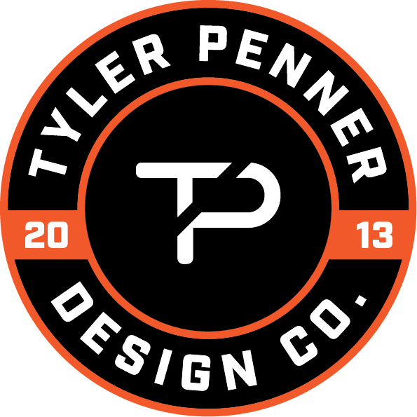 Circular logo with black, orange, and white colors, featuring the text 'TYLER PENNER DESIGN CO.' and the year '2013', with a stylized 'TP' in the center.