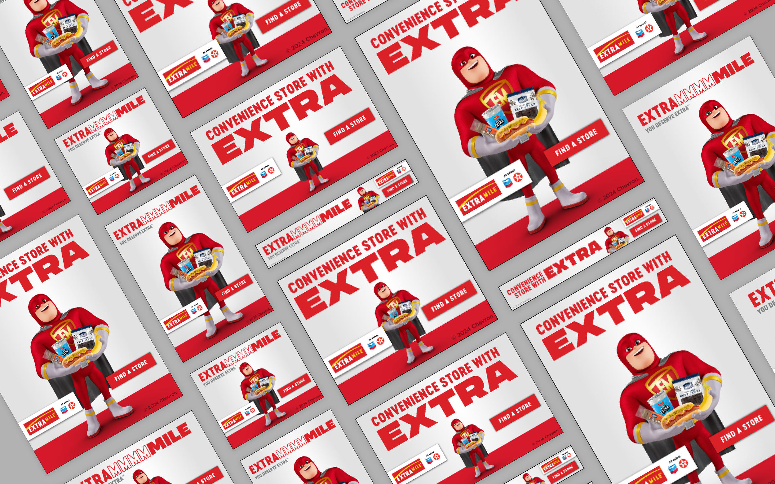 Multiple identical advertisements for ExtraMile convenience stores, featuring a cartoon superhero mascot in a red and yellow costume holding snacks and drinks, with bold red text reading 'Convenience Store with Extra' and a 'Find a Store' button.