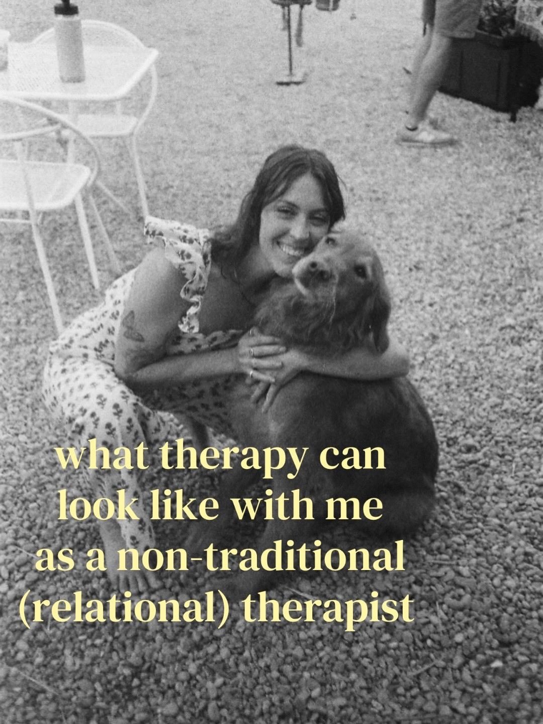 what therapy can look like with me as a nontraditional (relational) therapist! 

healing happens IN REAL LIFE. 

these are all ways i&rsquo;ve done sessions with clients&mdash; some happen in the therapy room, others happen out of the chair, doing re