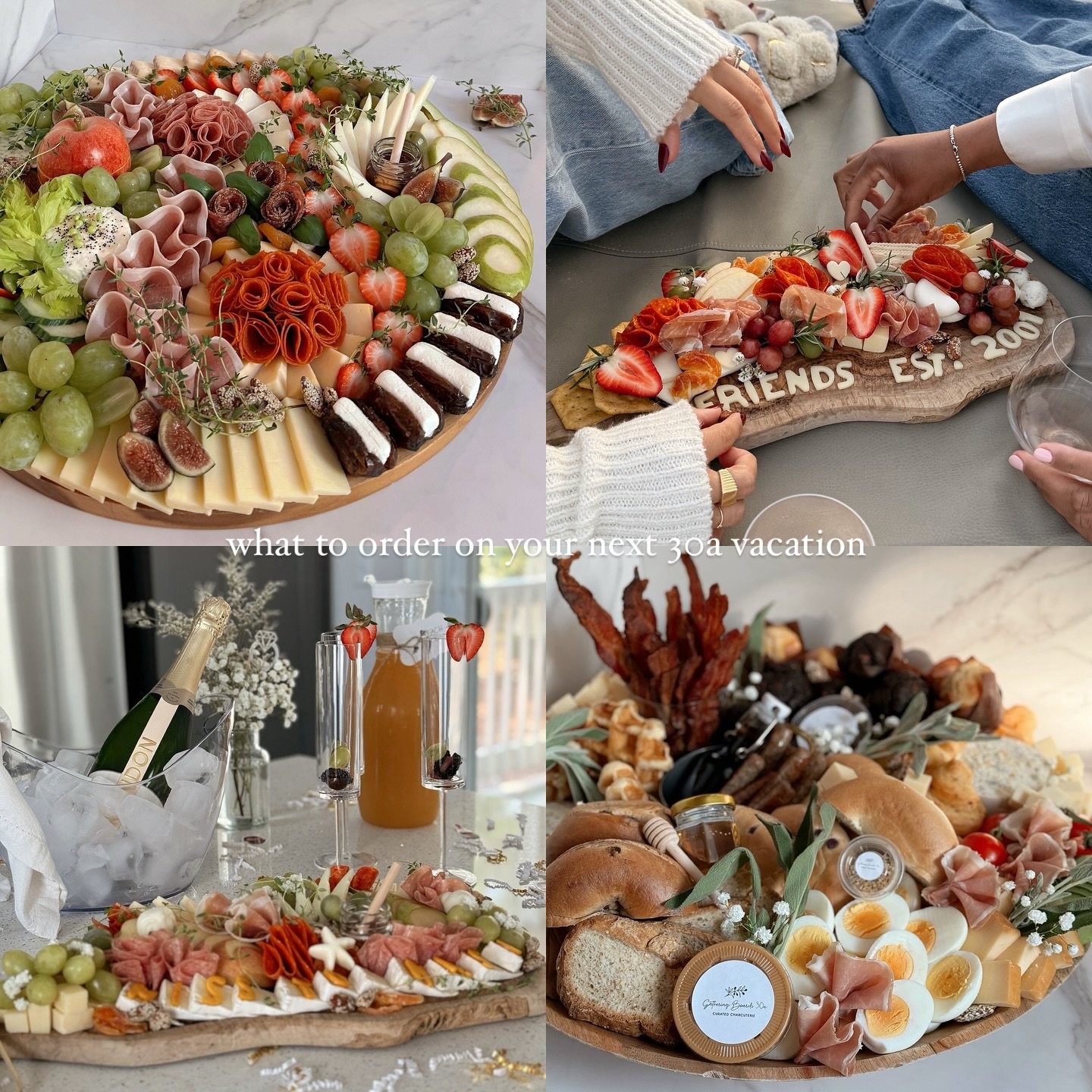 What to order on your next 30A vacation: ✨🍐🍇🥯🥂

&bull; Ultimate Gathering Board&mdash; size XL to feed 20 of your cheese loving friends 
&bull; Customized 30a Picnic Board with a special message&mdash; size small feeds up to 4, perfect for a 30A 