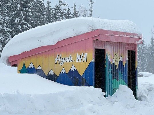 When I was painting this bus stop in summer, I was told the snow will come to about here&hellip;
.
It&rsquo;s so fun to get see pictures of it actually covered in snow now! ❄️
.
#hyakwashington #coveredinsnow #muralinthesnow #busstopmural #hyak