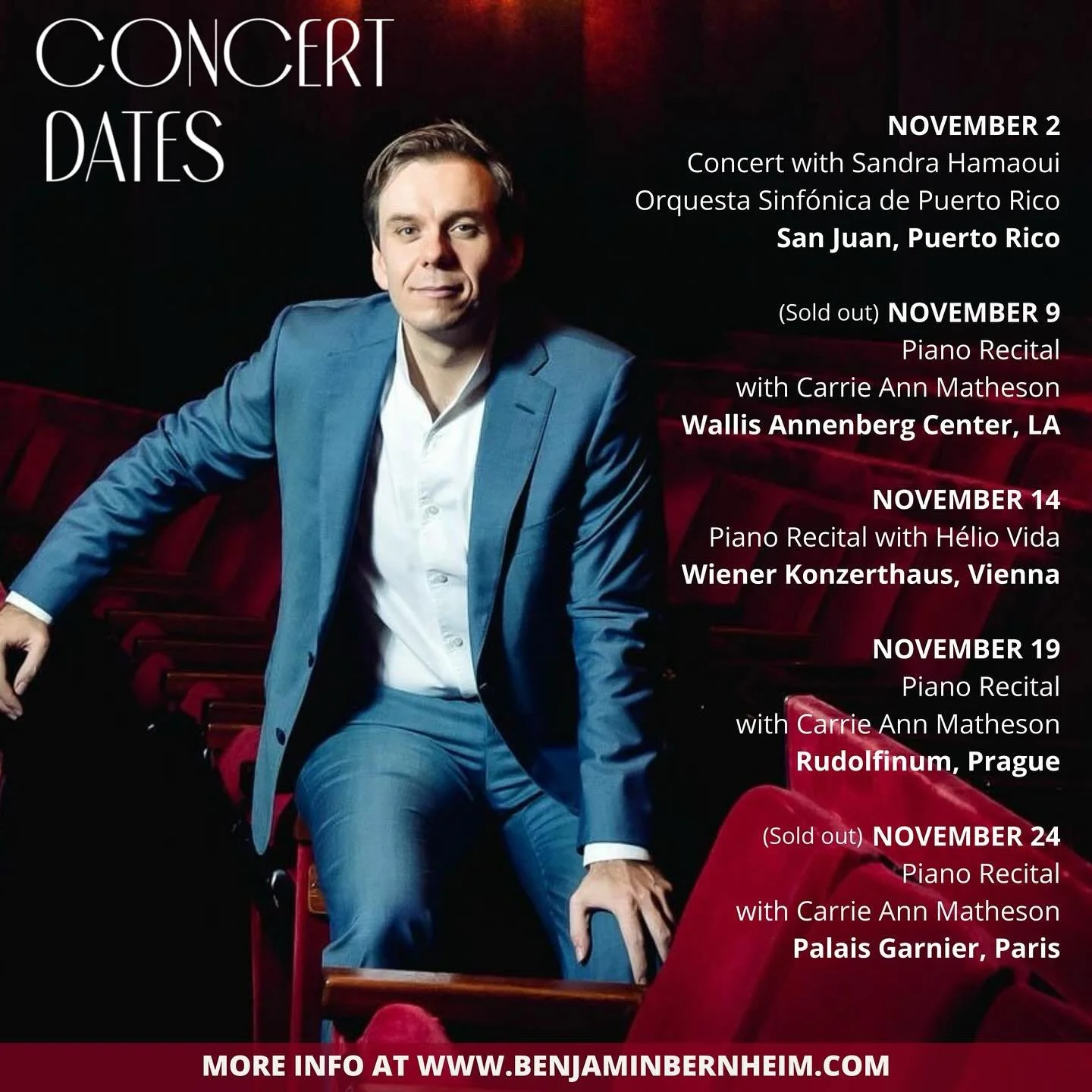 📅 Here are my upcoming concert dates starting in November.
Looking forward to perform across Europe, the United States, and Puerto Rico with my favorite people.

Tickets are available now on my website&mdash;check the link in my bio. 

Looking forwa