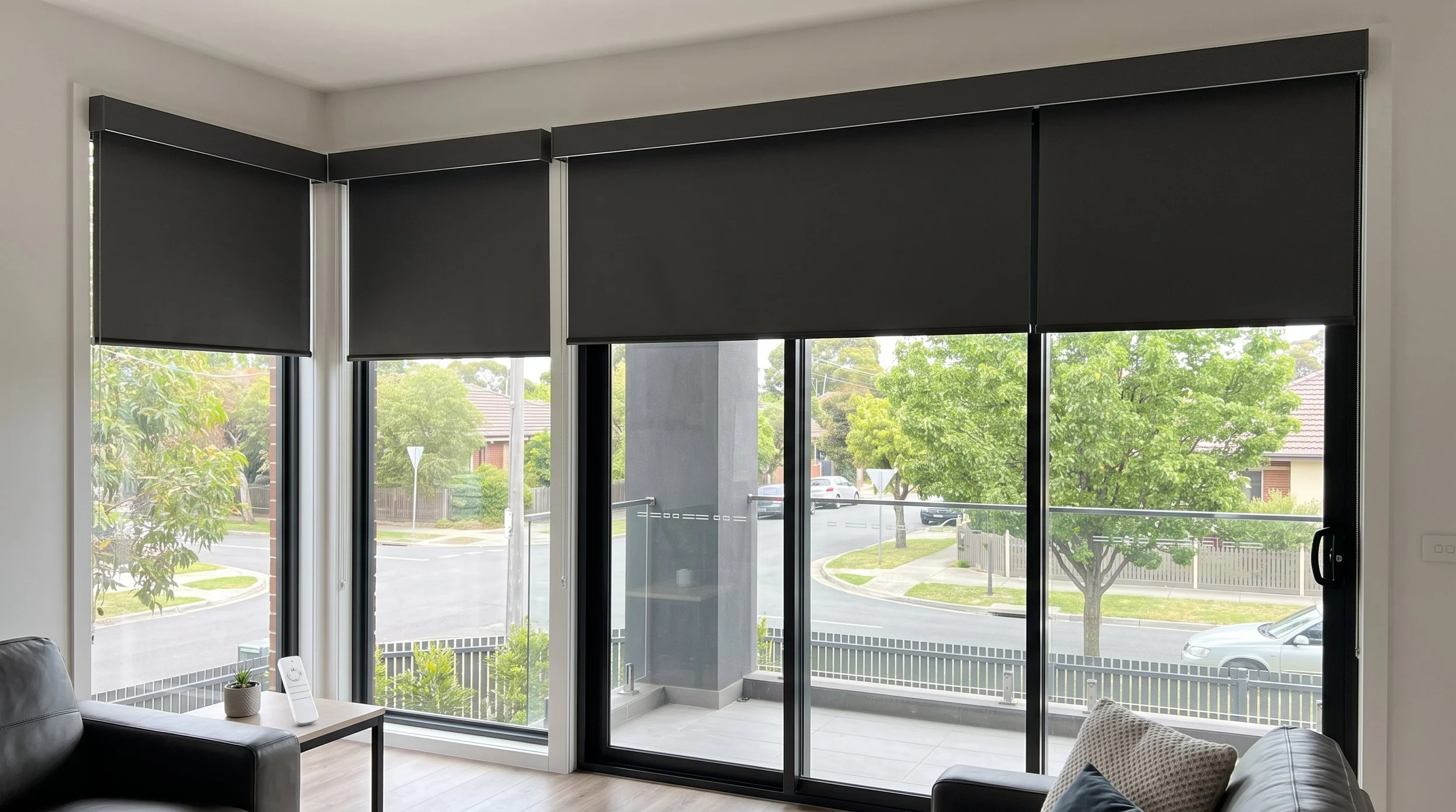 Multiple black blockout roller blinds partially raised on floor-to-ceiling windows and sliding doors in a modern Australian home, with a remote control on the side table