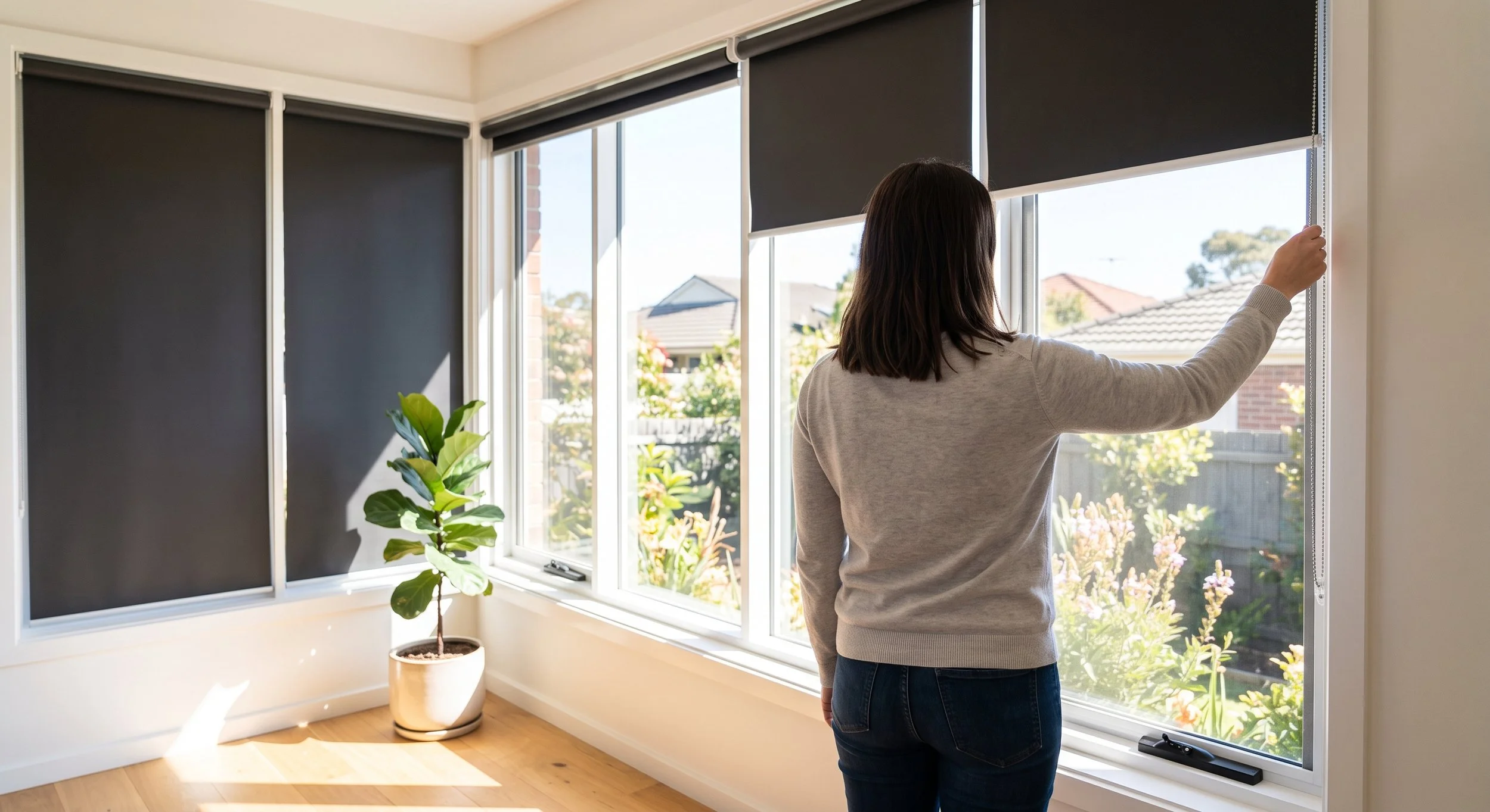 Woman adjusting a dark blockout roller blind on a large window in a bright home, with multiple blockout blinds installed across surrounding windows