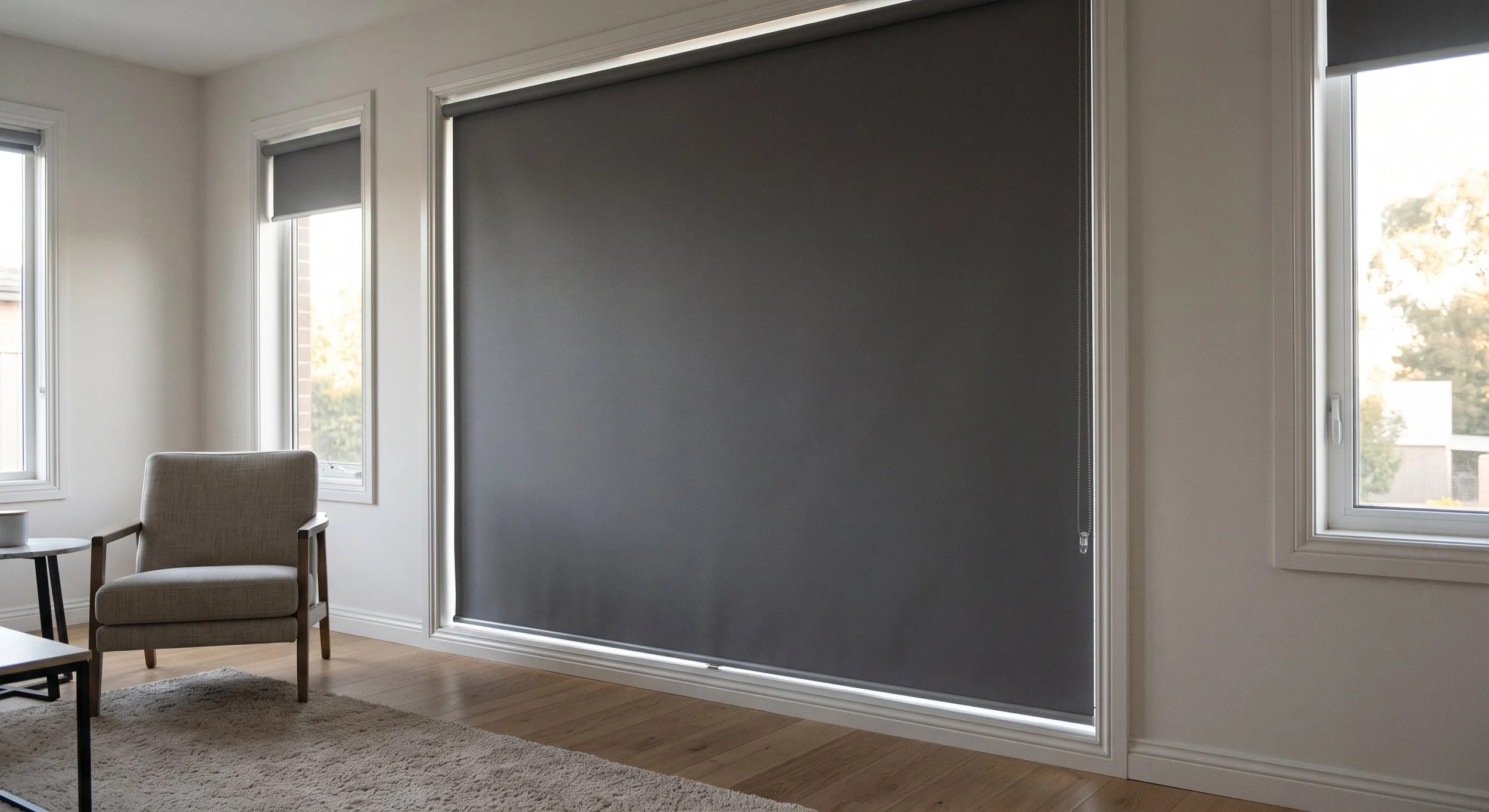 Dark grey blockout roller blind installed in a bright Wollongong living room, fully covering a large window with a neutral armchair beside it
