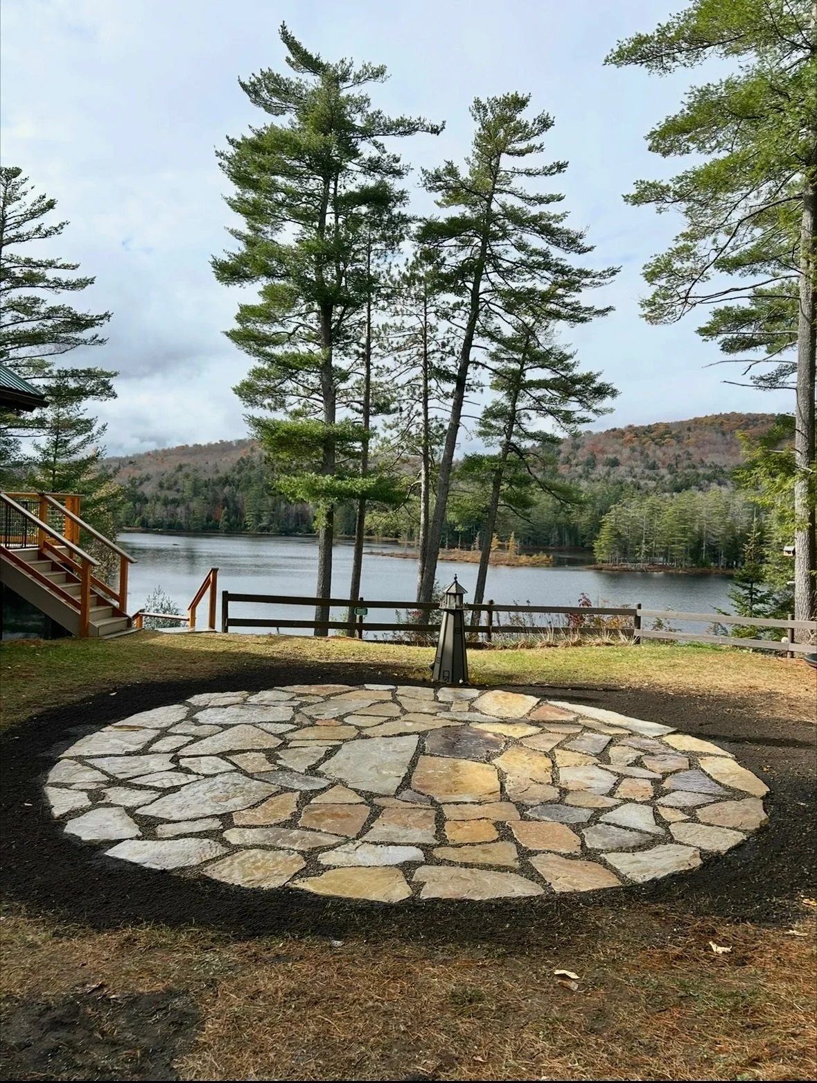 New natural stone patio for this Adirondack getaway in Stony Creek . Stay tuned for stepping stone pathway and patio planting! #naturalstone #stonepatio #upstatenyliving #adkoutdoordesign #landscapedesi̇gn