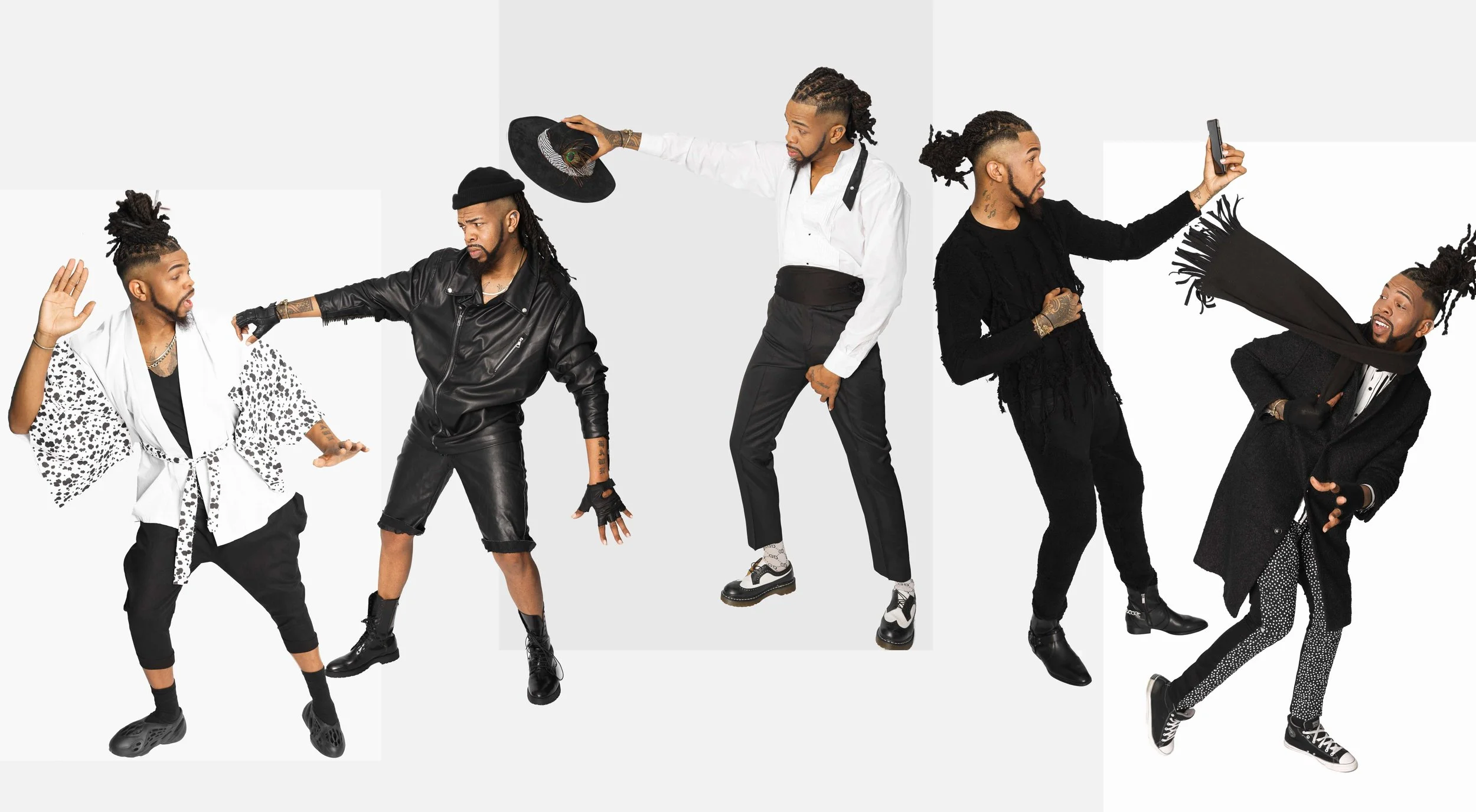 A dynamic composite image shows the same man styled in multiple outfits, captured in expressive, mid-motion poses against a clean background. Each look represents a different personality and aesthetic, highlighting versatility, creativity, and the im