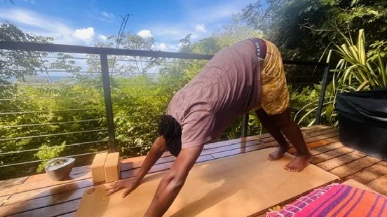 Person performing a downward dog yoga pose on a wooden deck with greenery and a cloudy sky in the background.