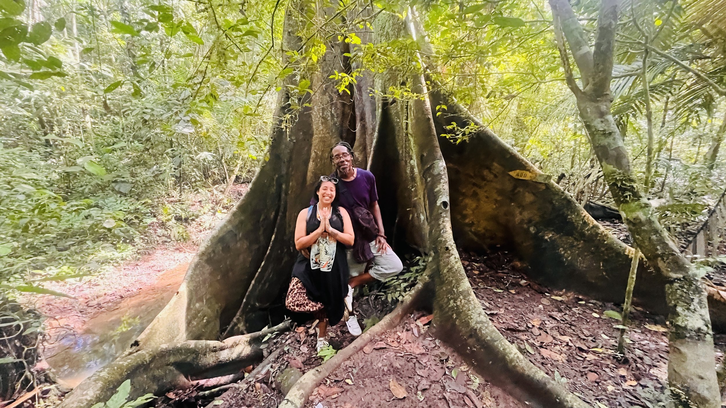Two people, a woman and a man, kneeling and standing in front of a large tree in a lush green forest, smiling at the camera.