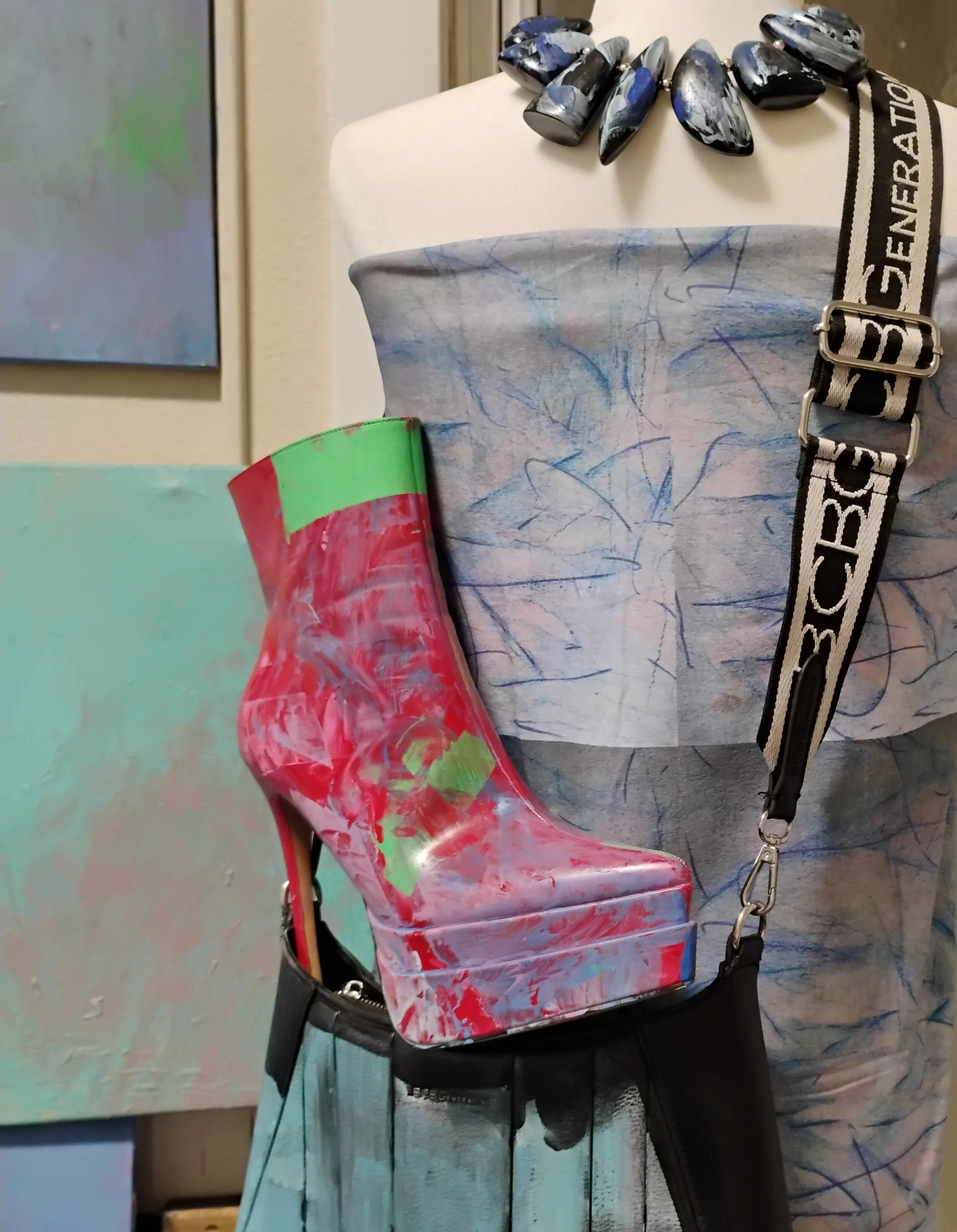 Original garment with painted shoe, necklace, purse
