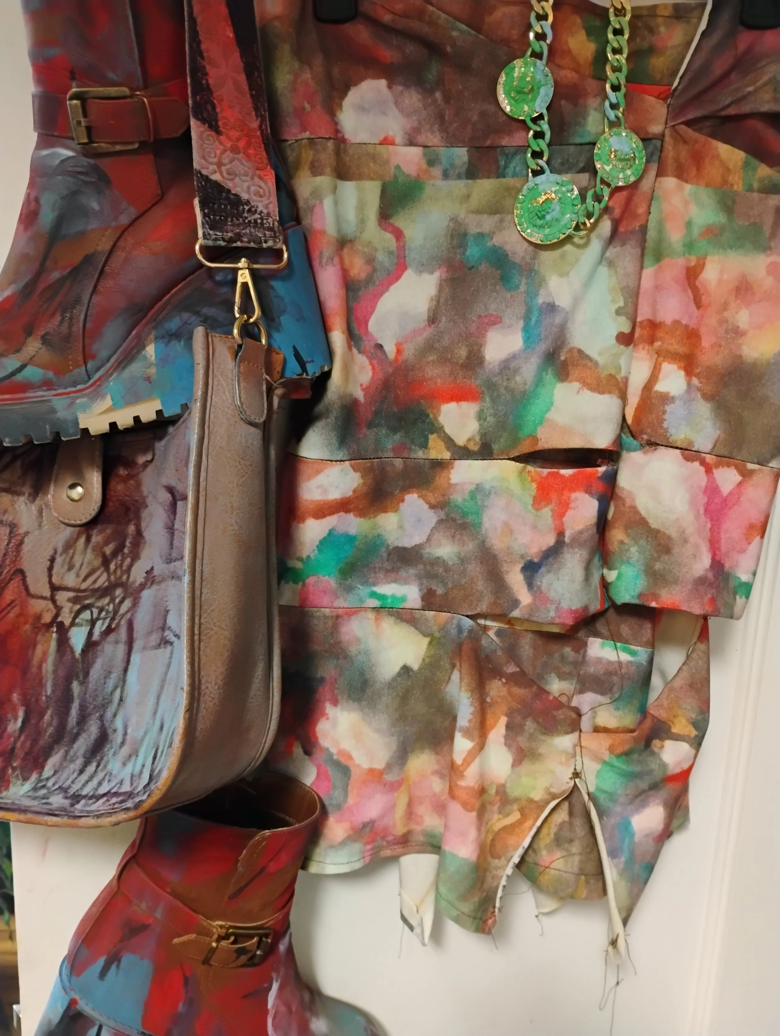 Hand-painted shoes, purse, and necklace and original garment