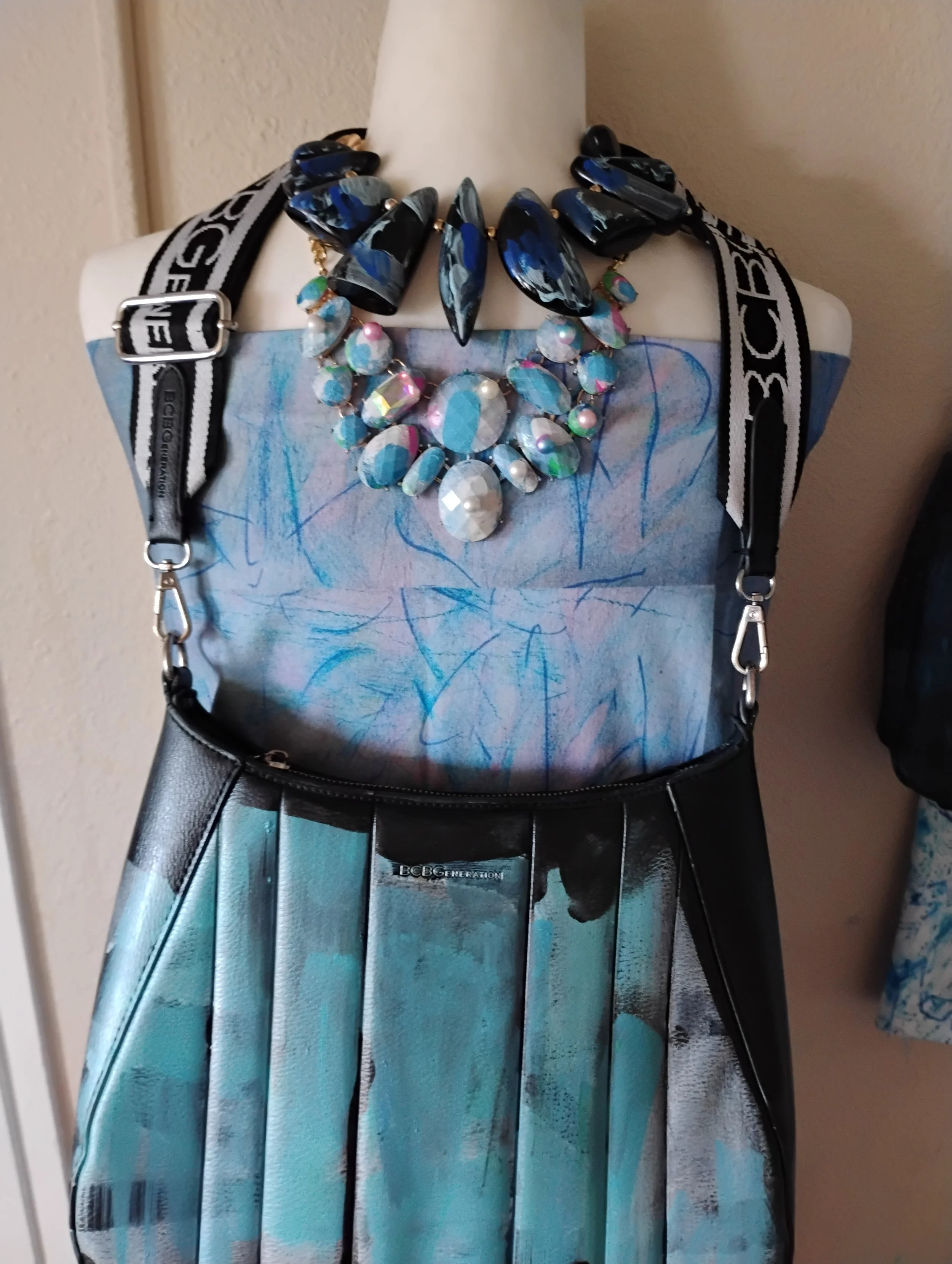 Hand-painted necklaces, purse, original garment
