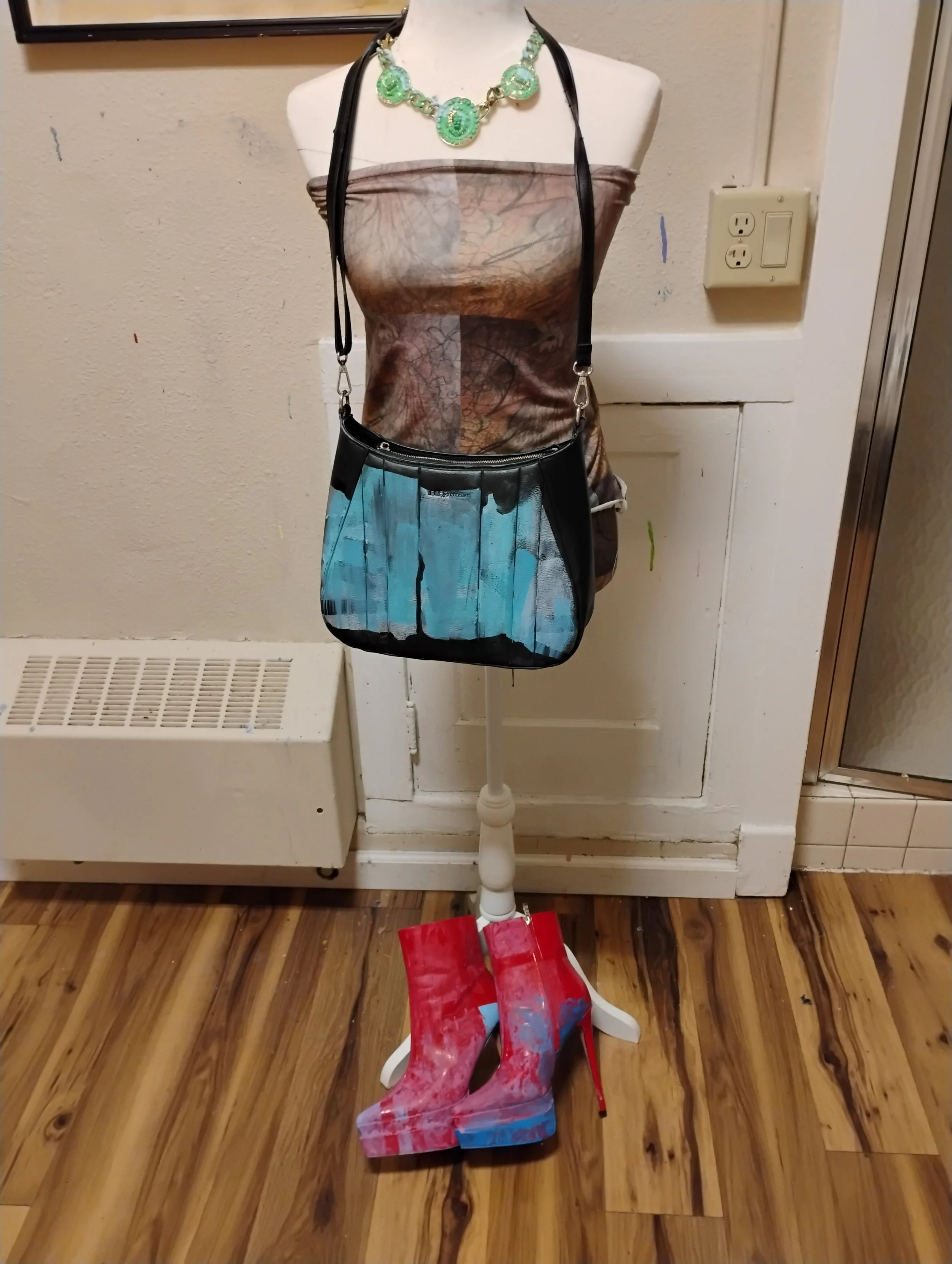 Hand-painted shoes, purse, and necklace and original garment