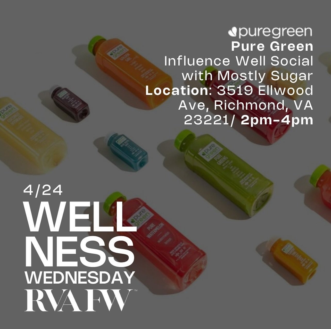 Let&rsquo;s have a conversation about wellness.

We will be at @puregreenrva from 2-4PM today for the Influence Well Social where we will be discussing all things related to our wellbeing and capturing feel good content. The first 15 people to arrive