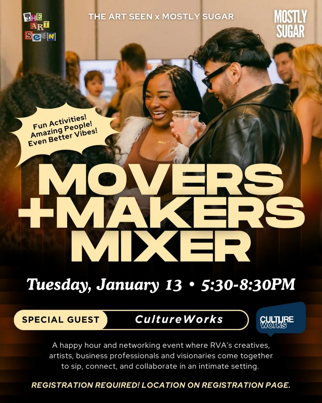 Creators, entrepreneurs and community builders &mdash; join @theartseen_ &amp; @mostlysugar next Tuesday, Jan. 13 from 5:30&ndash;8:30 p.m. for the first Movers + Makers Mixer of 2026 🥂

This month, we&rsquo;re linking up with CultureWorks ( @cultur