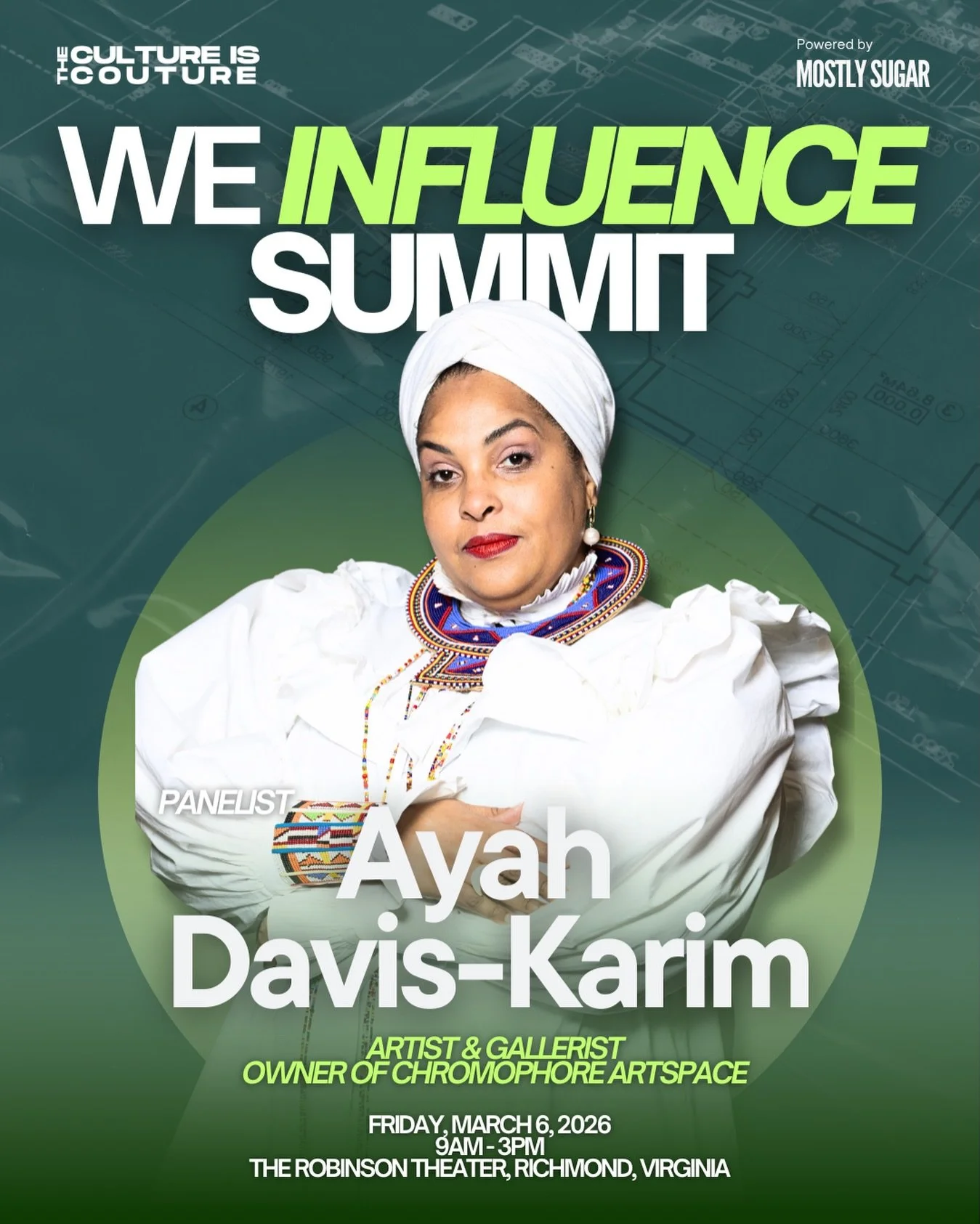 Speaker Announcement!

Ayah Davis-Karim (@ayah.davis) will be joining us as a panelist at the WE INFLUENCE Summit.

Ayah is a mixed media artist and the owner of Chromophore Artspace, a Black woman&ndash;owned gallery in the heart of Richmond&rsquo;s