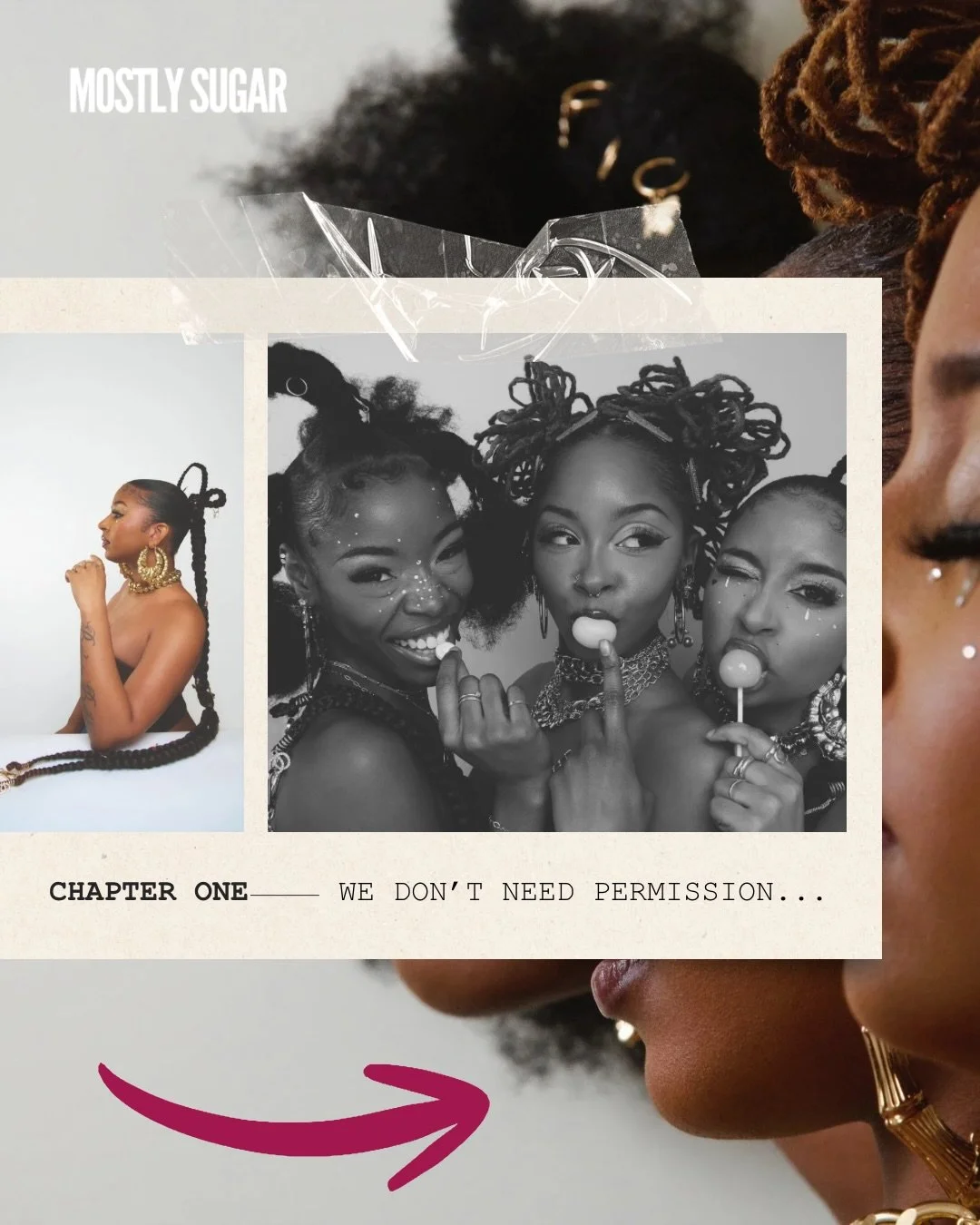 We don&rsquo;t need permission to play. 🍬✨
Chapter One of the Mostly Sugar Metaverse is here &mdash; and it looks exactly like this. Rhinestones. Gold. Candy. Sculptural hair. Gem-dusted faces. Three women who showed up and created a world entirely 