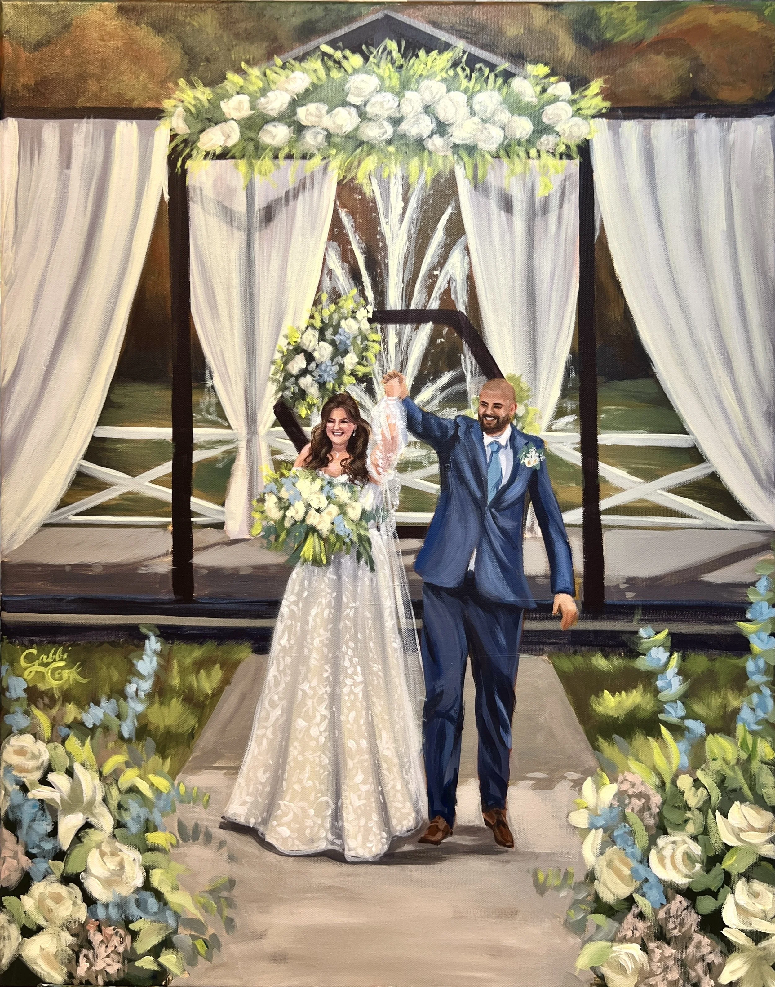 Painting of a bride and groom celebrating at their wedding ceremony outdoors, with a floral arch and white curtains, holding hands and smiling.