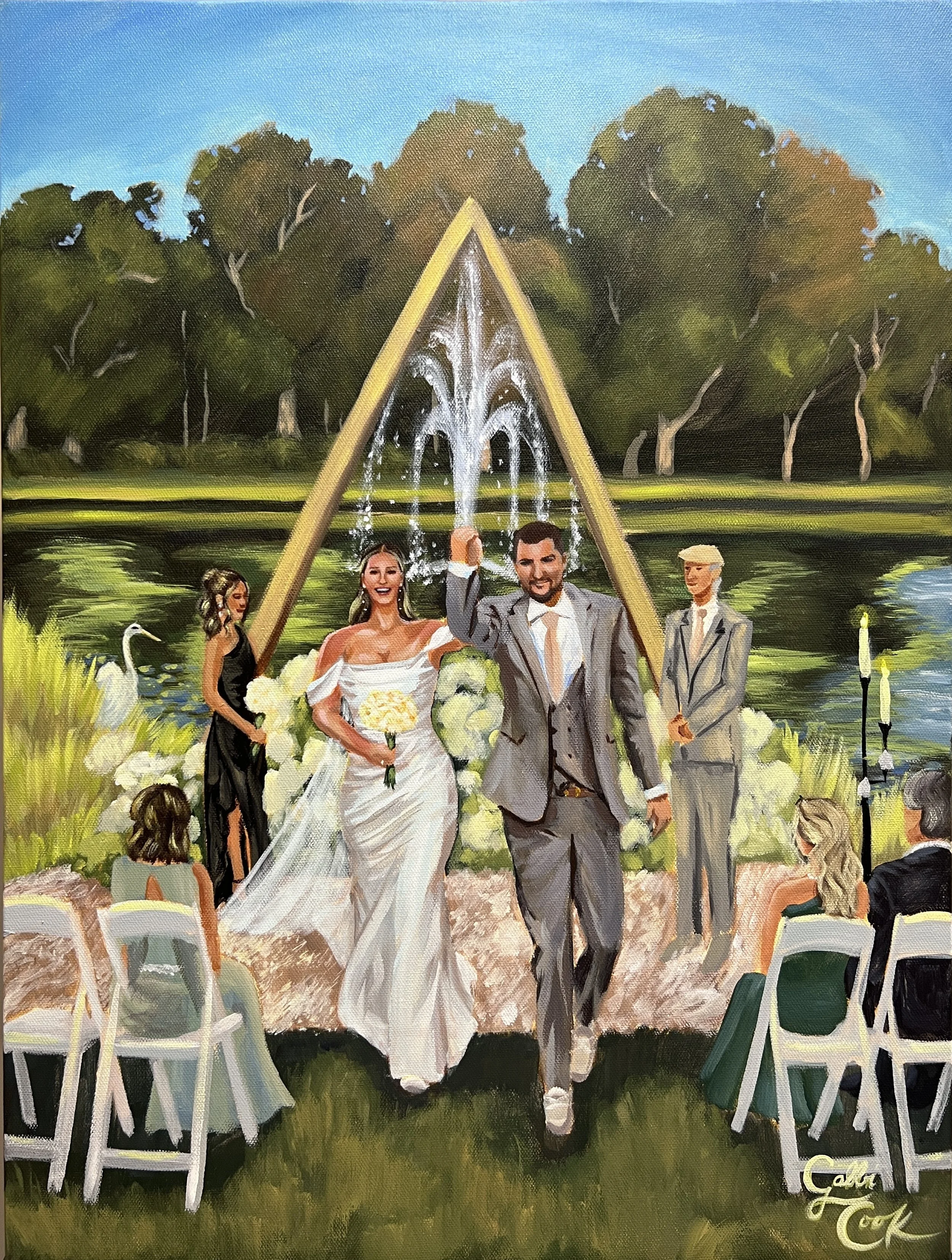 Painting of a wedding ceremony at a lakeside with a fountain in the background, a bride and groom celebrating, surrounded by guests, trees, and swans.