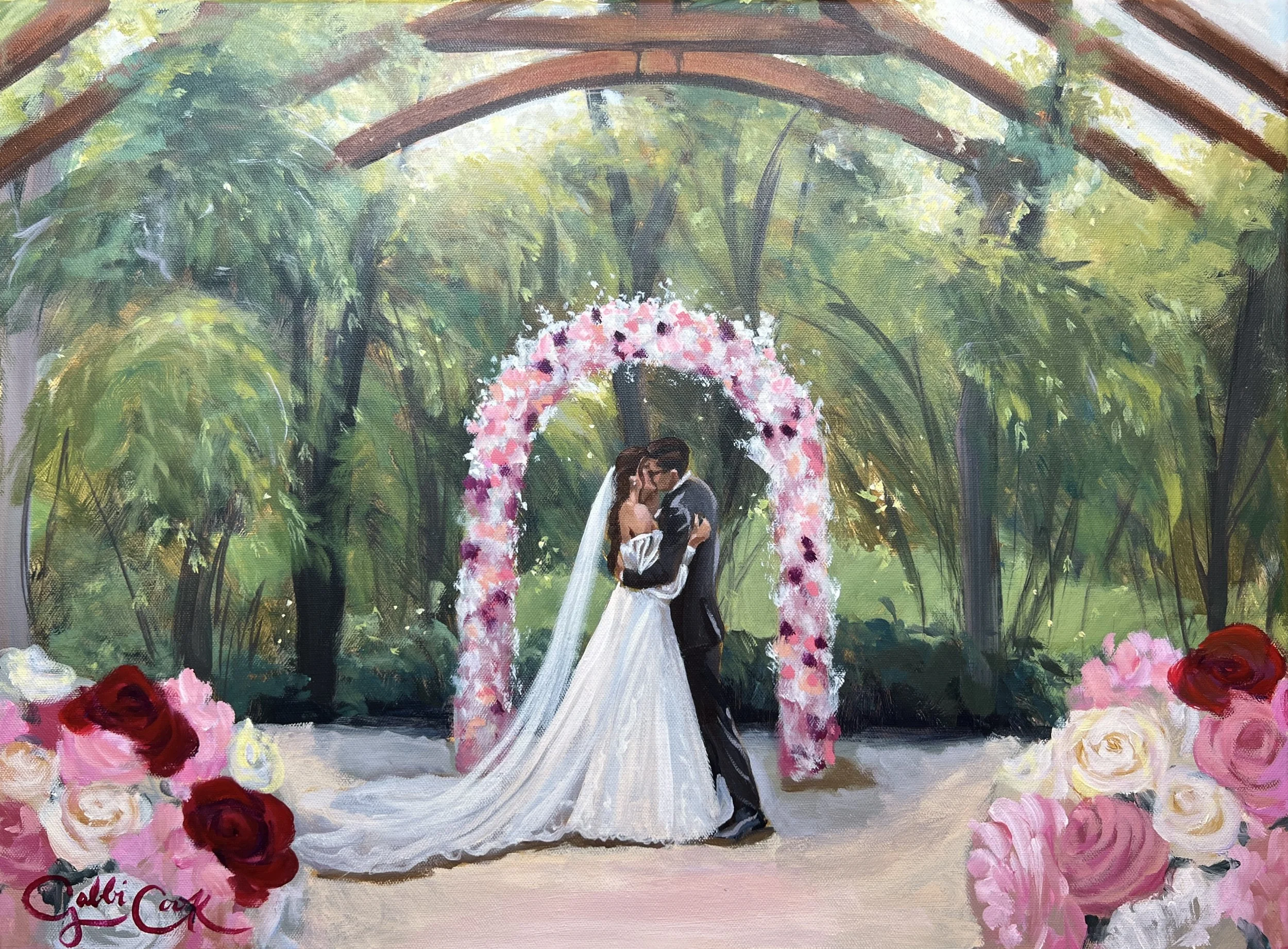 A painting of a bride and groom kissing under a floral archway in a lush outdoor setting.