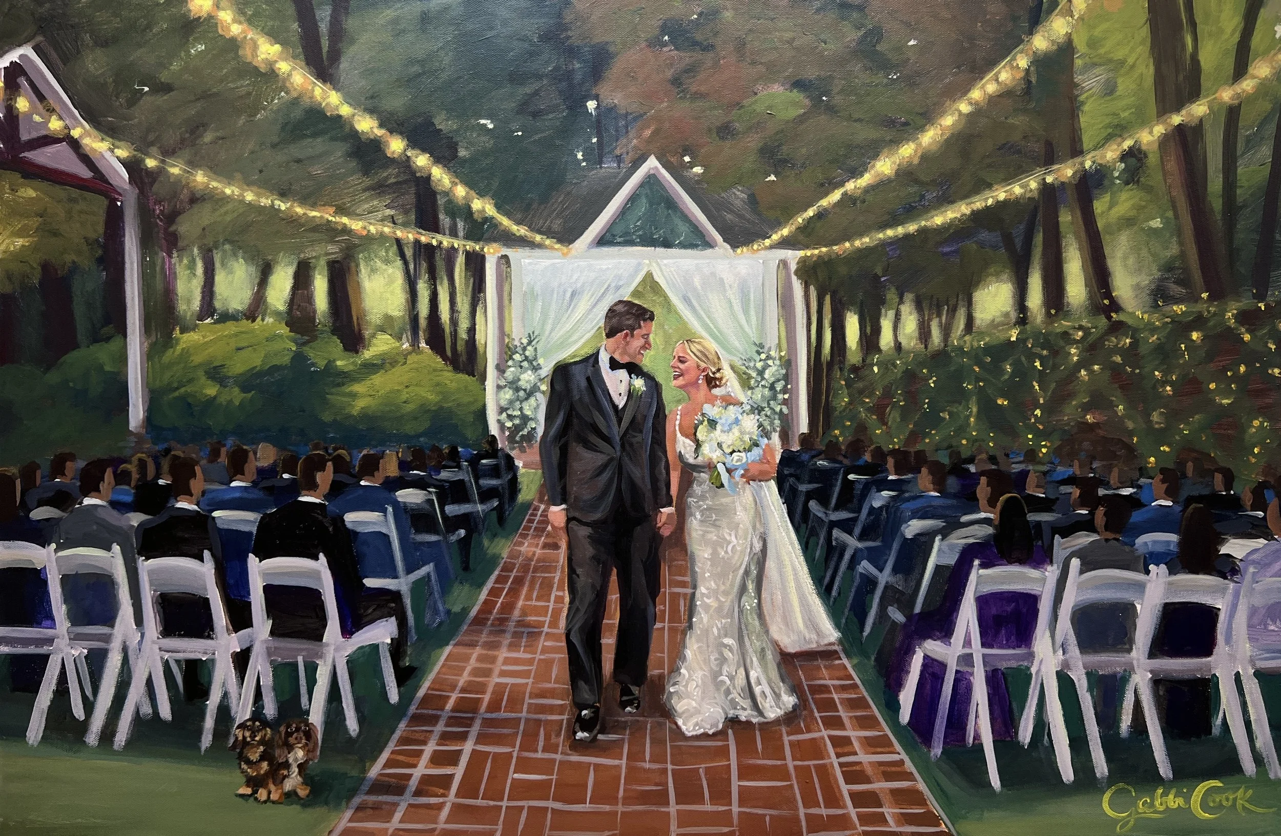 Painting of a wedding ceremony outdoors with a bride and groom walking down an aisle, surrounded by guests seated on white chairs, with string lights overhead and a wooded background.