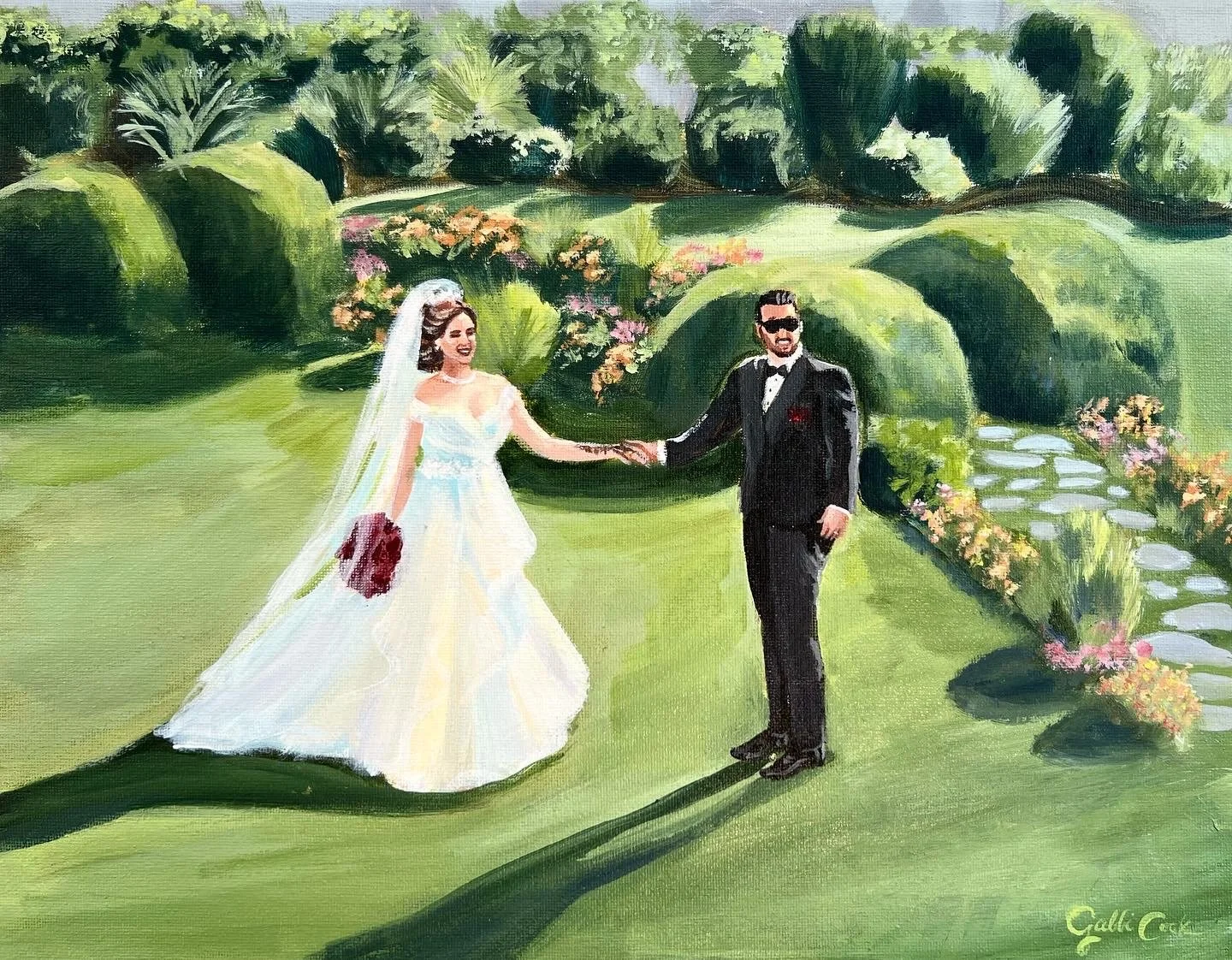 A painting of a bride and groom holding hands in a garden with green bushes and colorful flowers.