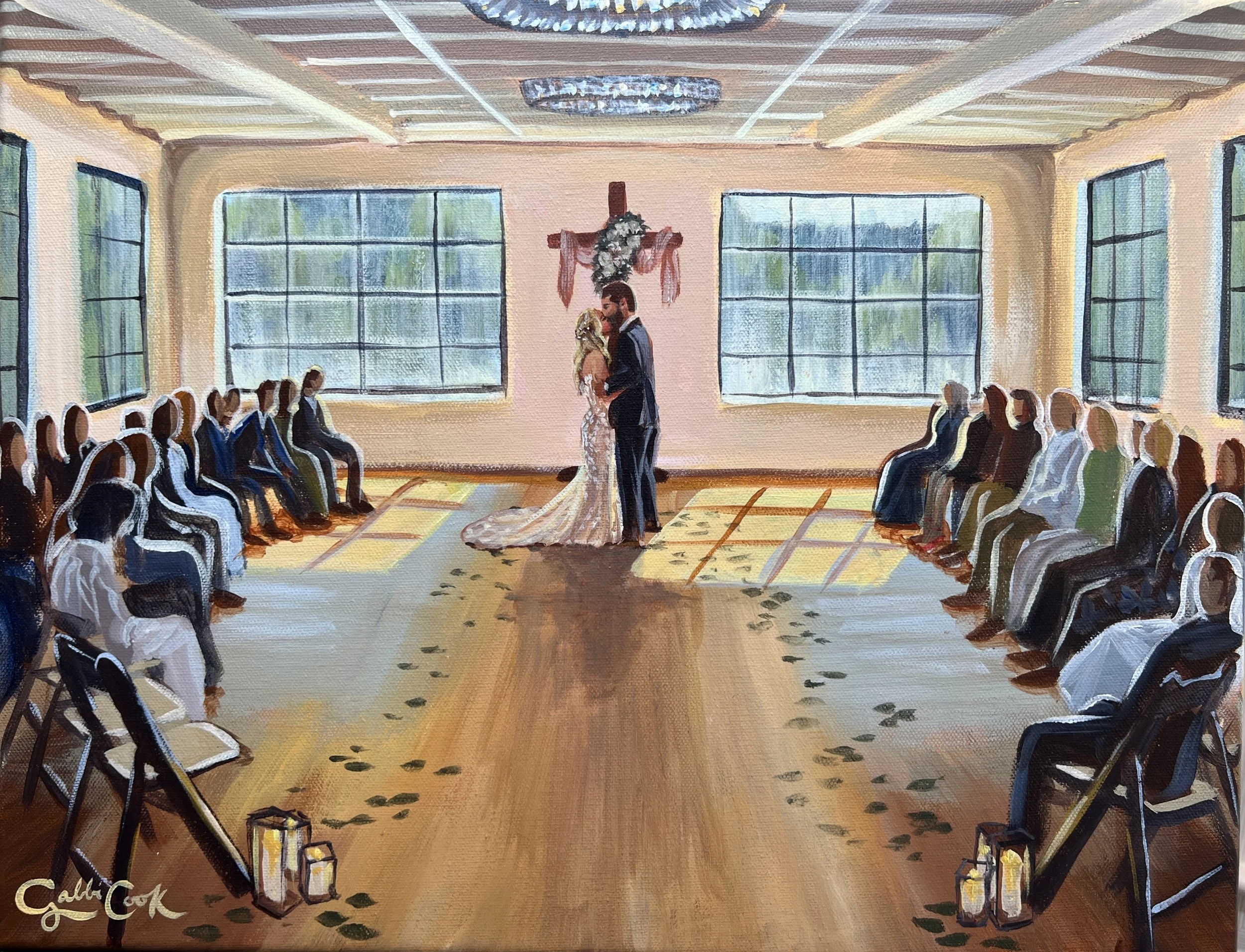 Painting of a wedding ceremony inside a bright room with large windows, featuring a couple embracing in front of a cross with floral decorations, surrounded by seated guests lined up on both sides of the aisle.