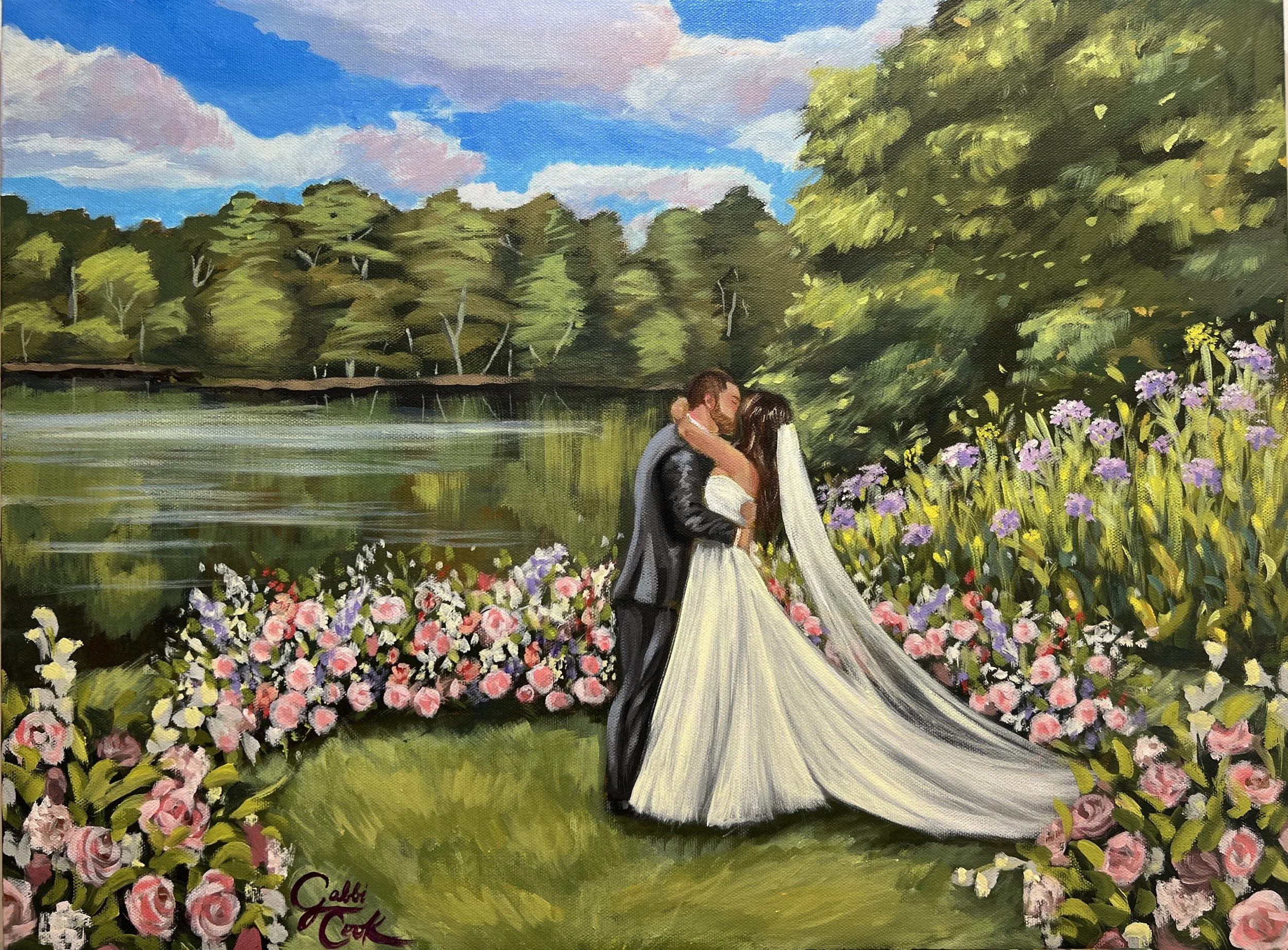 A painting of a bride and groom embracing in a garden by a lake, surrounded by pink and purple flowers with trees and a cloudy sky in the background.