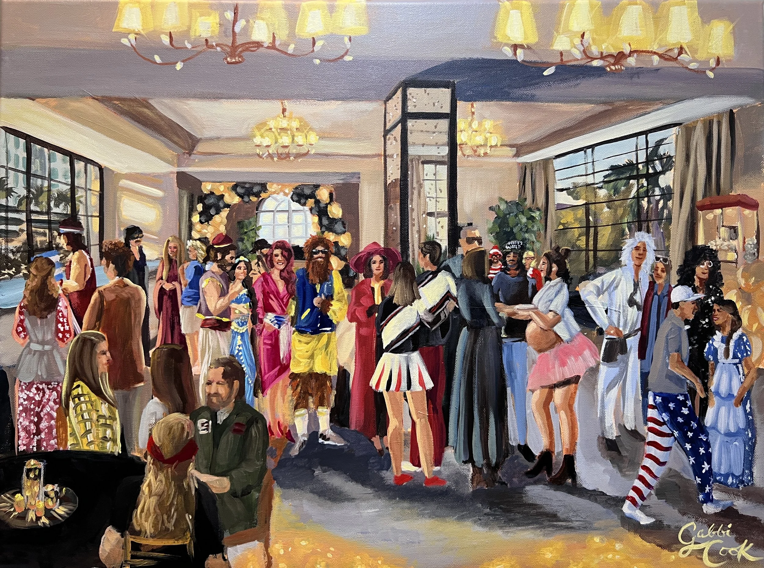 A lively indoor party scene with people dressed in colorful costumes, some in patriotic themes, others in various vibrant outfits, engaging in conversations and enjoying the event. The room is decorated with chandeliers, large windows, and floral arr