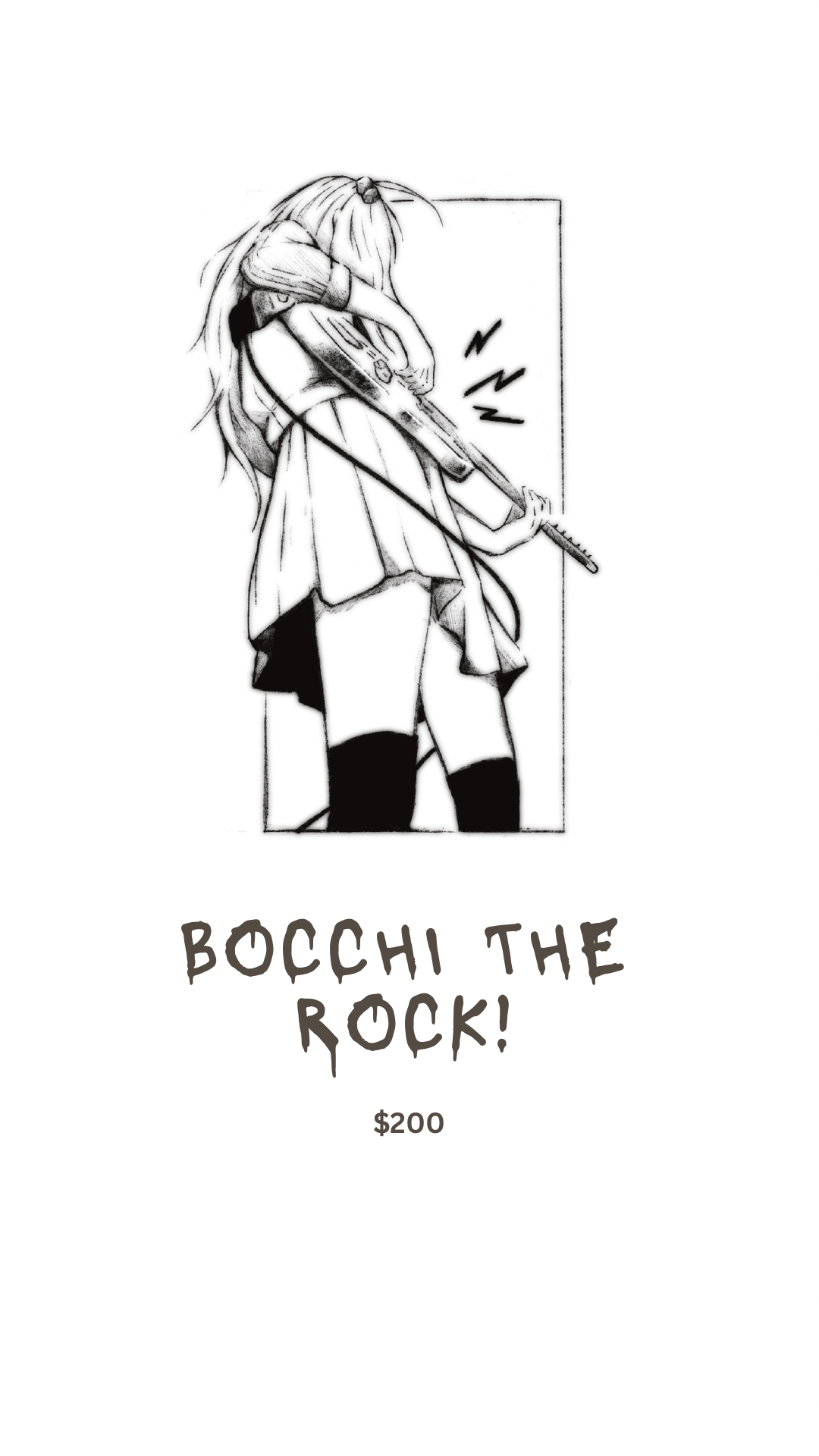 Anime character playing guitar with text "Bocchi the Rock! $200" below.