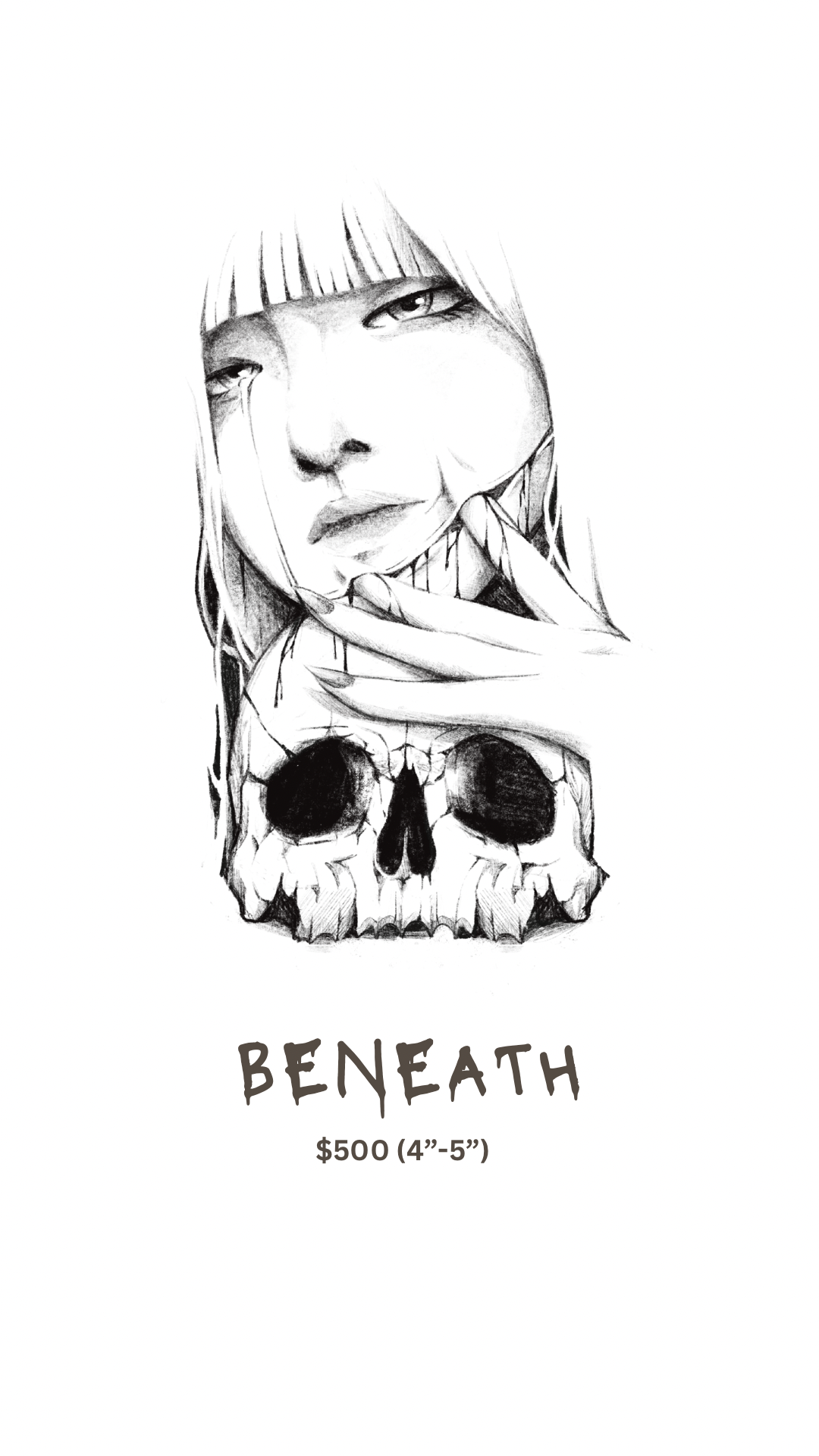 Black and white illustration of a person with straight hair holding a skull, labeled "Beneath" and priced at $500.